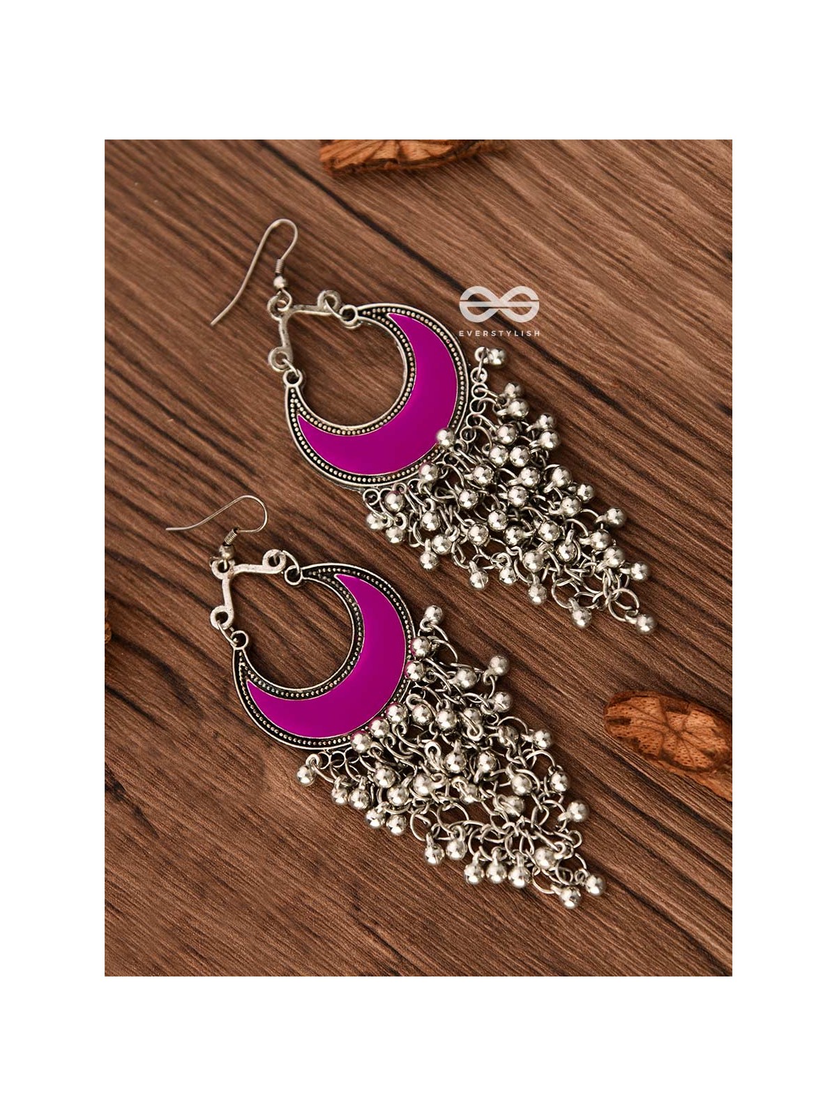 The Enamelled Moon Jhaalar (Pink) - Oxidised Boho Earrings