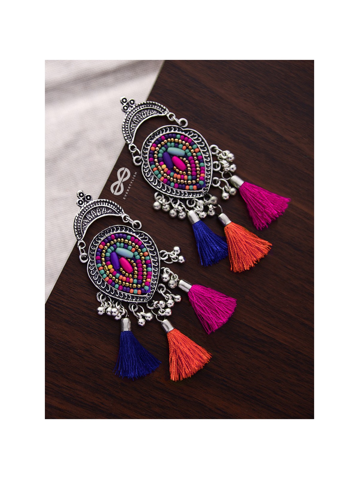 The Elegant Tasseled Statement Makers (Pink-blue Hues) - The Embroidered Oxidised Collection
