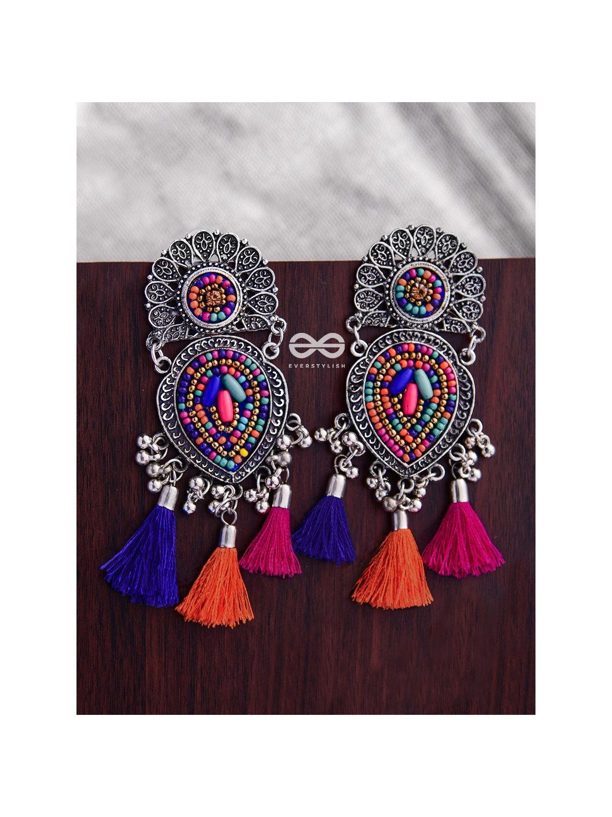 The Layered Tasseled Statement Makers (Pink-blue Hues) - The Embroidered Oxidised Collection