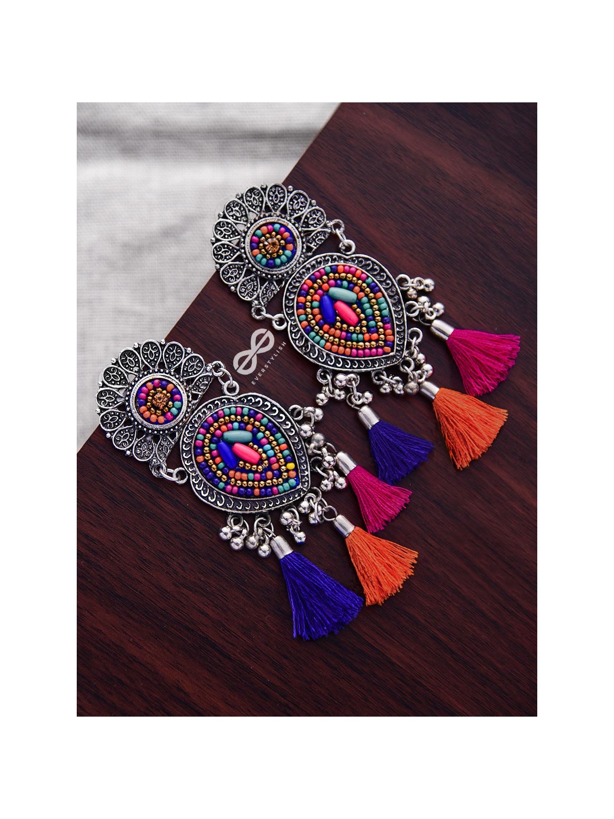 The Layered Tasseled Statement Makers (Pink-blue Hues) - The Embroidered Oxidised Collection