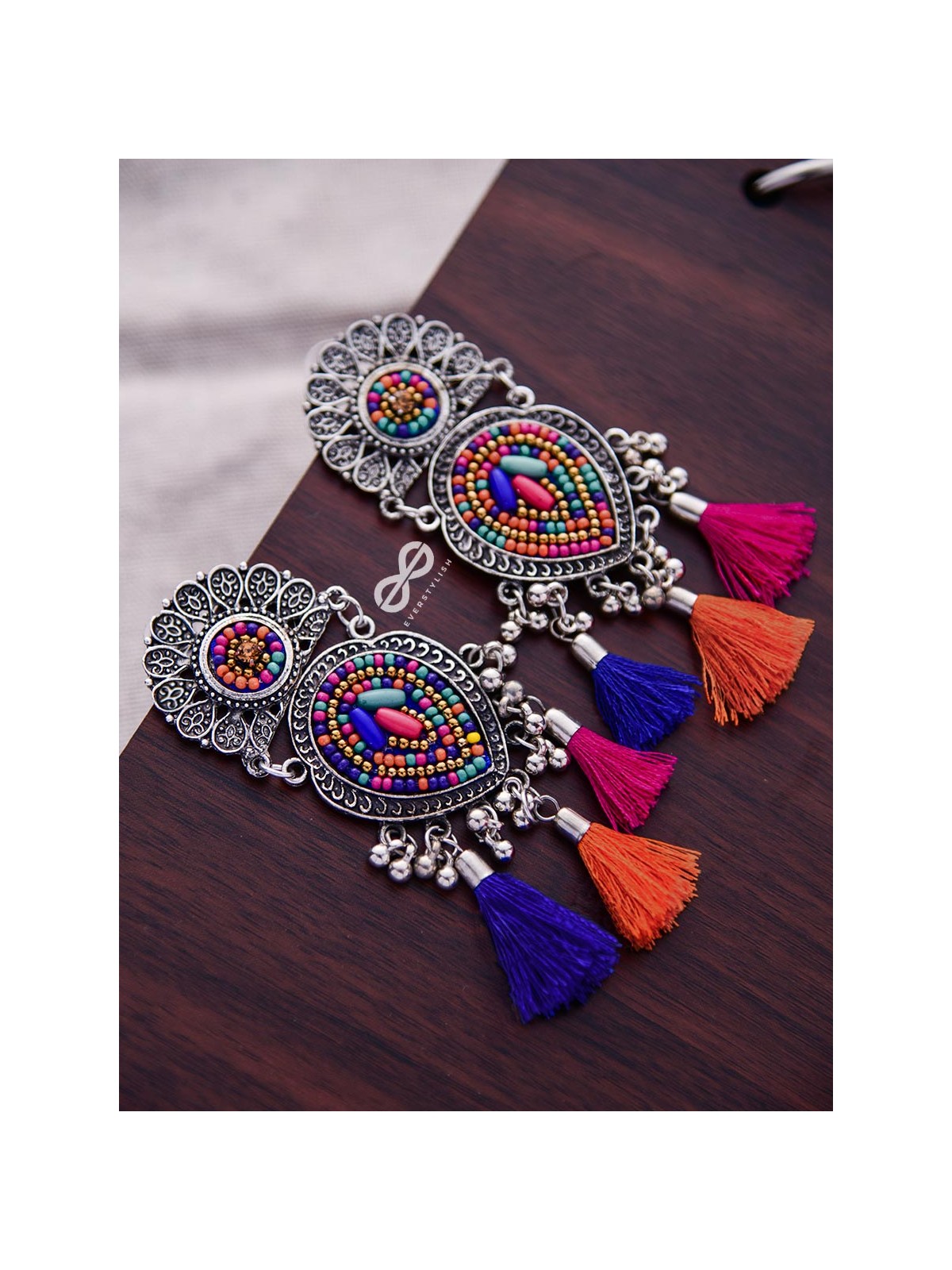 The Layered Tasseled Statement Makers (Pink-blue Hues) - The Embroidered Oxidised Collection