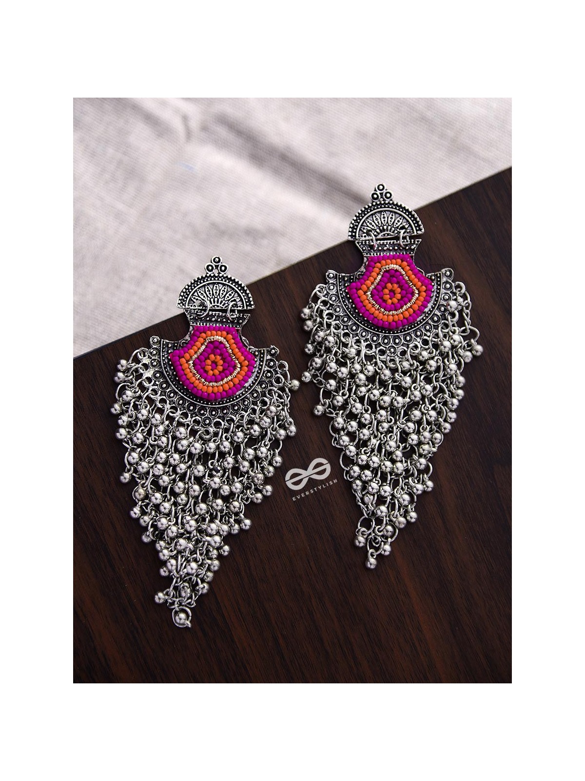 The Bohemian Jhaalar Statement Makers (Orange-Pink) - The Embroidered Oxidised Collection