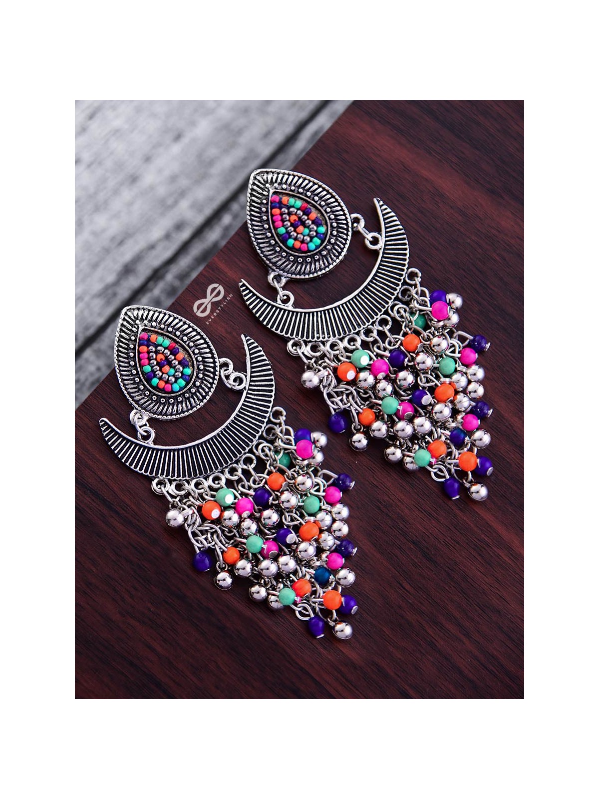 The Droplet Jhaalar Earrings (Multicolour) - The Embroidered Oxidised Collection 