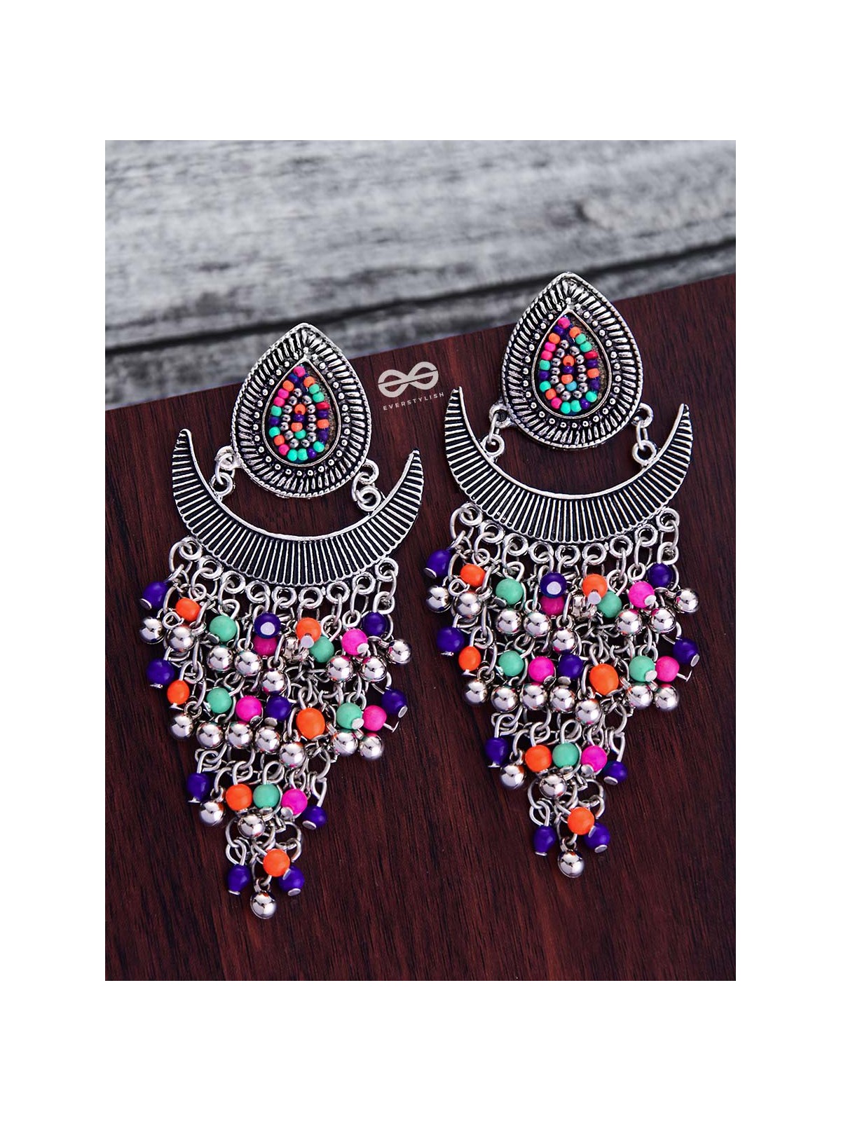 The Droplet Jhaalar Earrings (Multicolour) - The Embroidered Oxidised Collection 