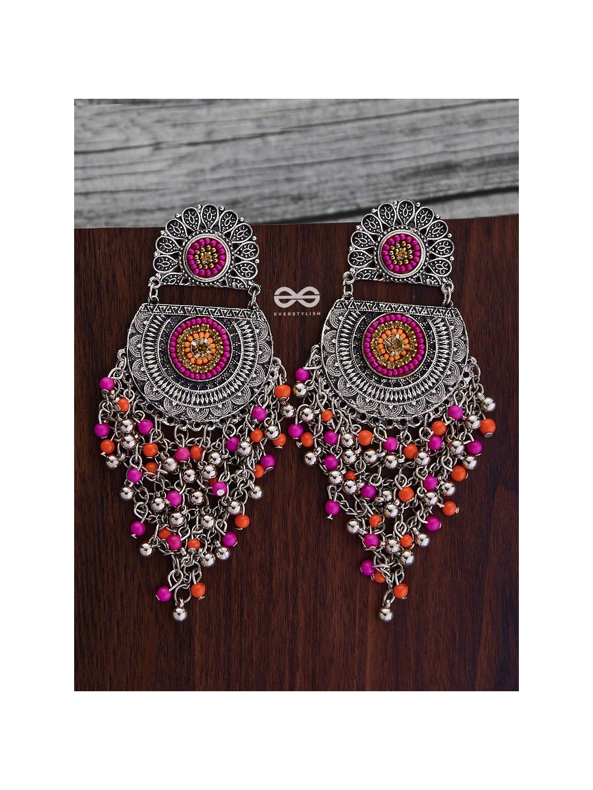 The Multi-Layered Beaded Jhaalar (Orange-Pink) - Embroidered Oxidised Collection