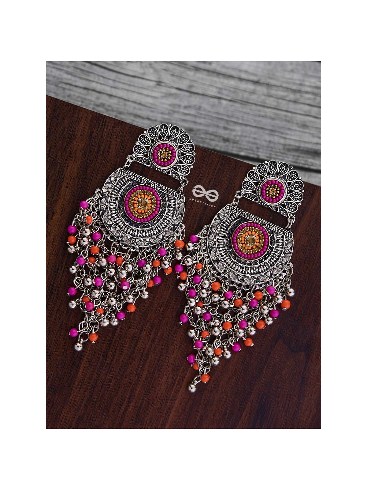 The Multi-Layered Beaded Jhaalar (Orange-Pink) - Embroidered Oxidised Collection