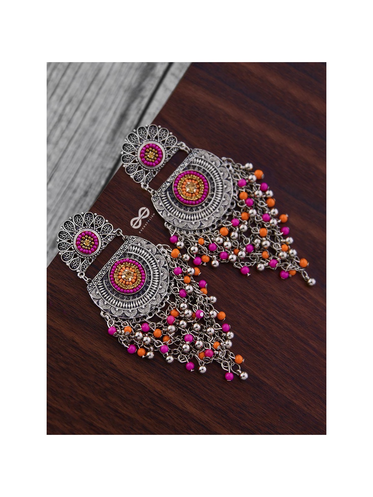 The Multi-Layered Beaded Jhaalar (Orange-Pink) - Embroidered Oxidised Collection