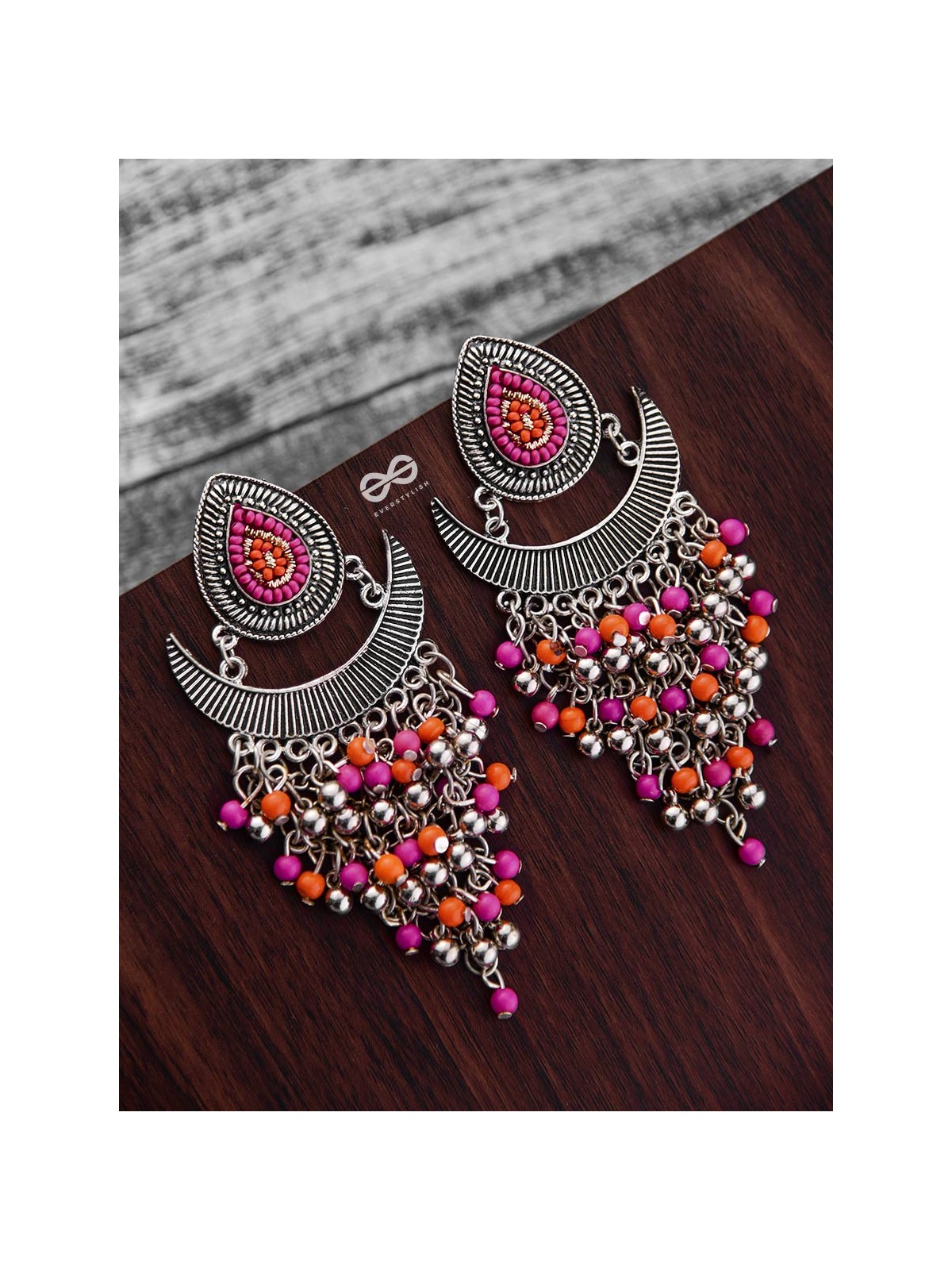 The Droplet Jhaalar Earrings (Orange-Pink) - The Embroidered Oxidised Collection