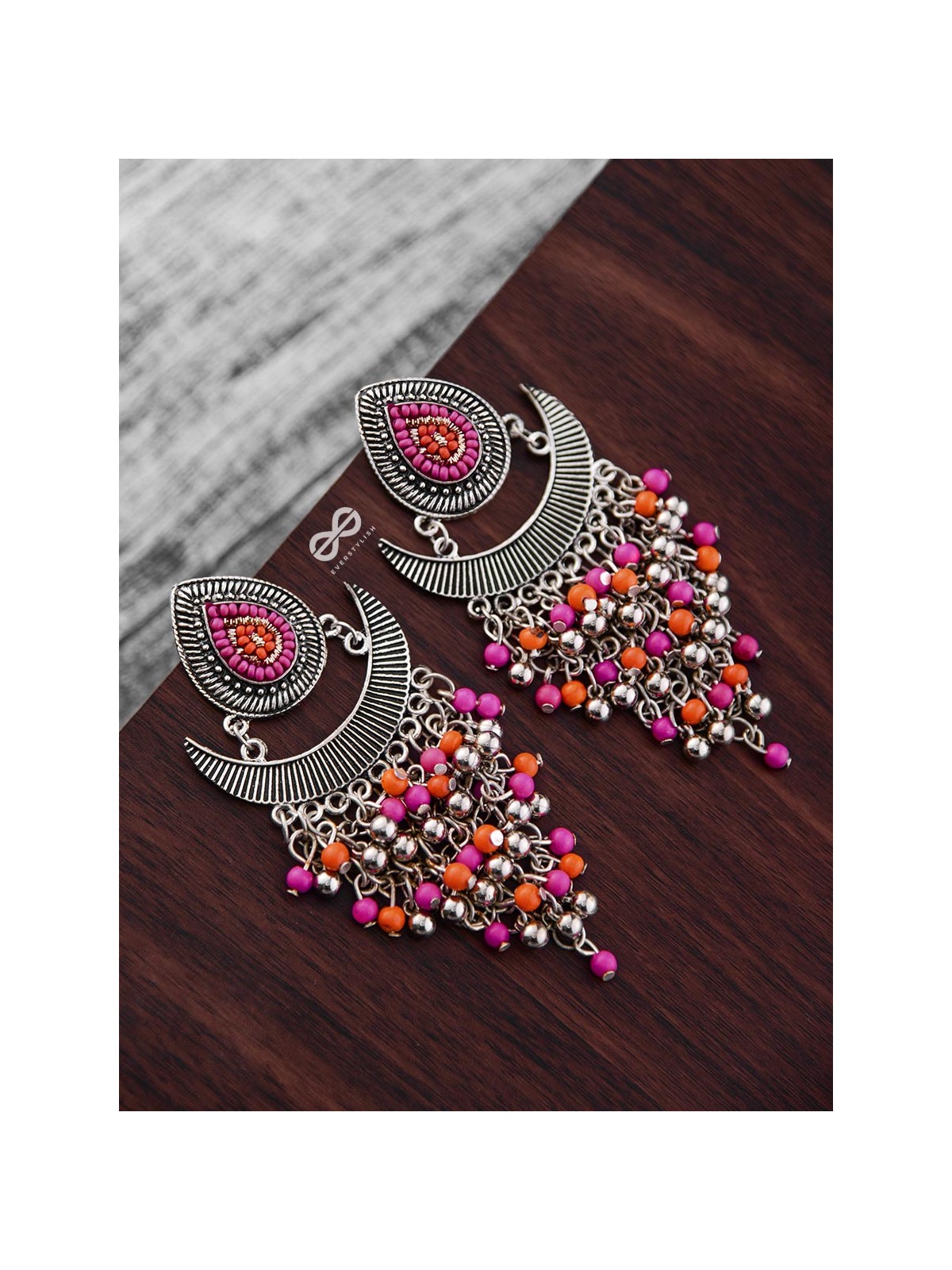 The Droplet Jhaalar Earrings (Orange-Pink) - The Embroidered Oxidised Collection