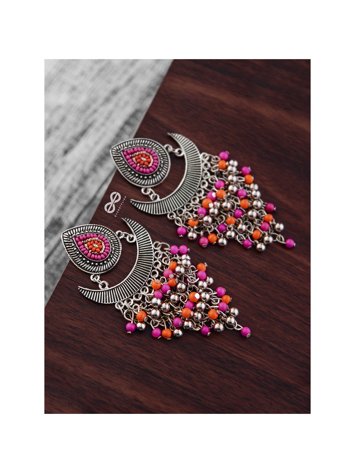 The Droplet Jhaalar Earrings (Orange-Pink) - The Embroidered Oxidised Collection