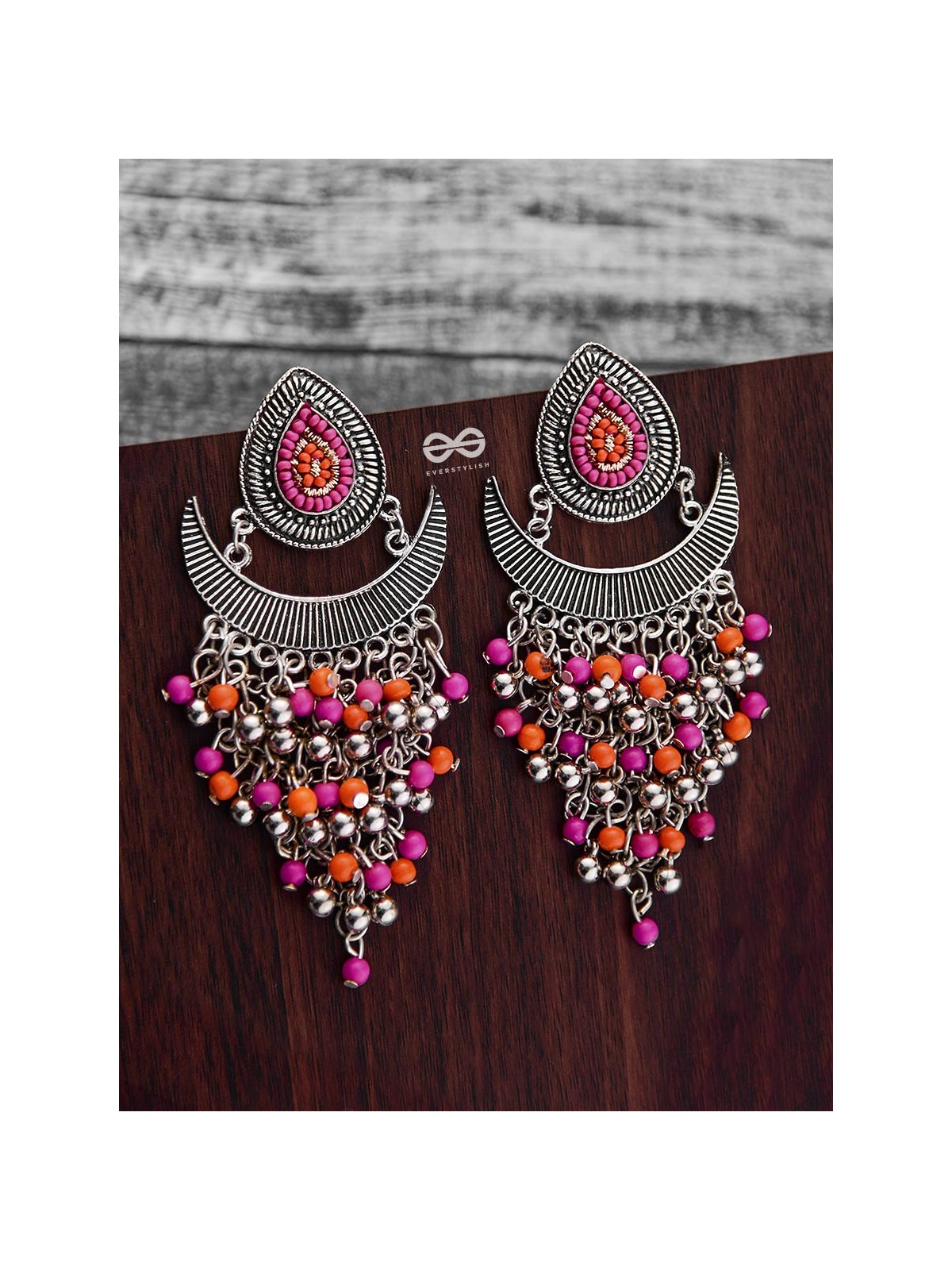 The Droplet Jhaalar Earrings (Orange-Pink) - The Embroidered Oxidised Collection