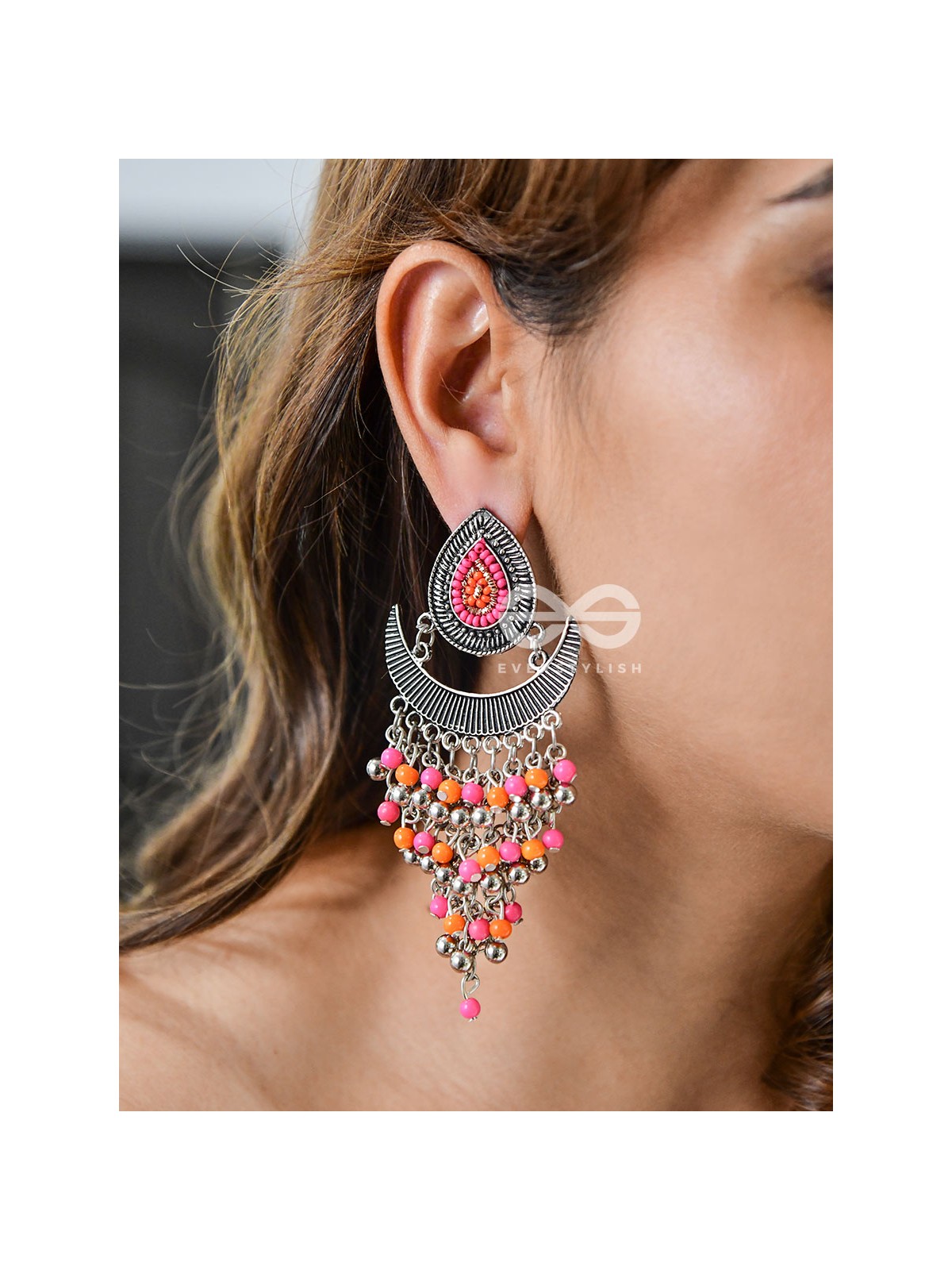 The Droplet Jhaalar Earrings (Orange-Pink) - The Embroidered Oxidised Collection