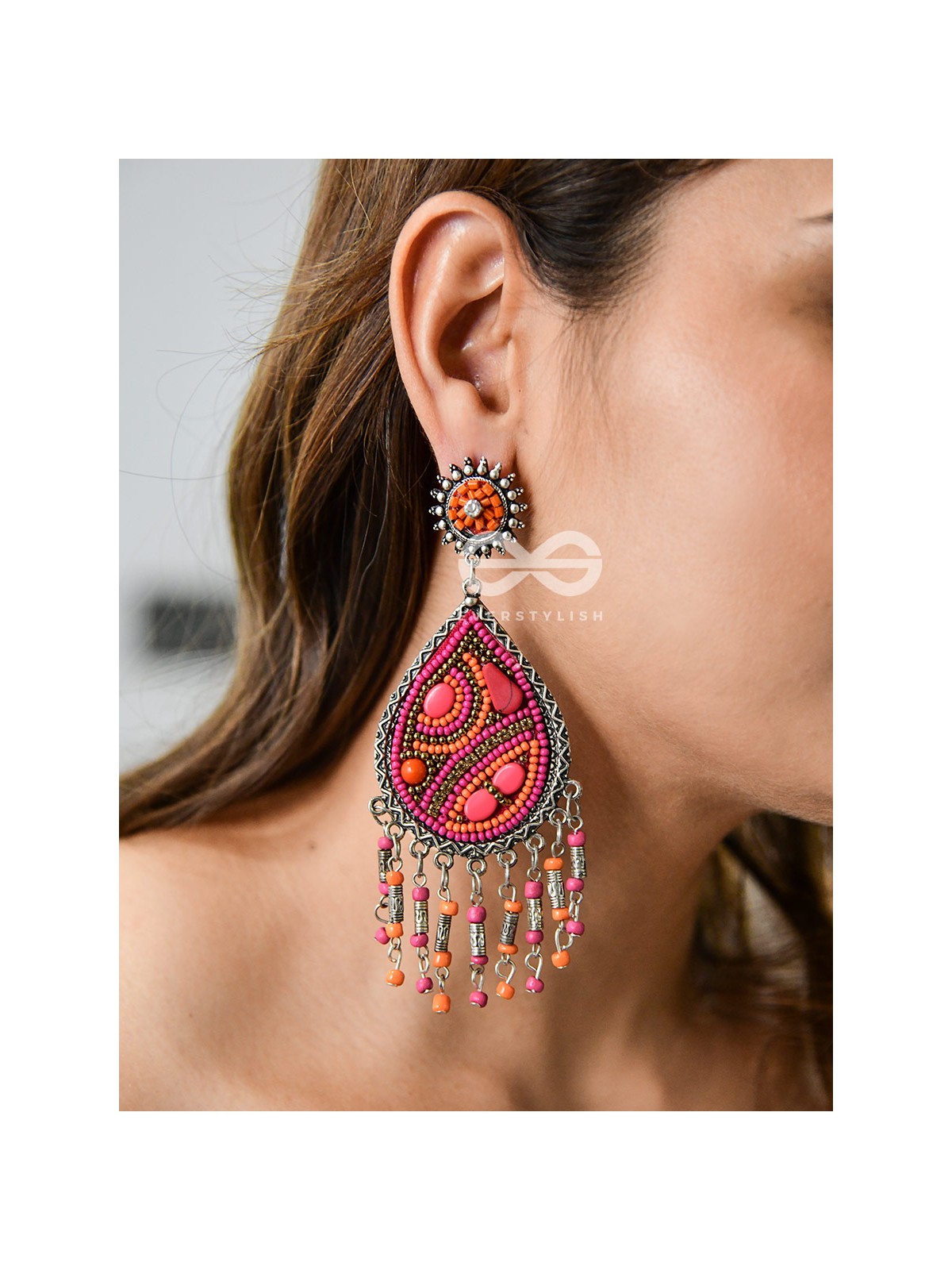 The Mesmerising Intricacy (Orange- Pink) - Embroidered Oxidised Collection