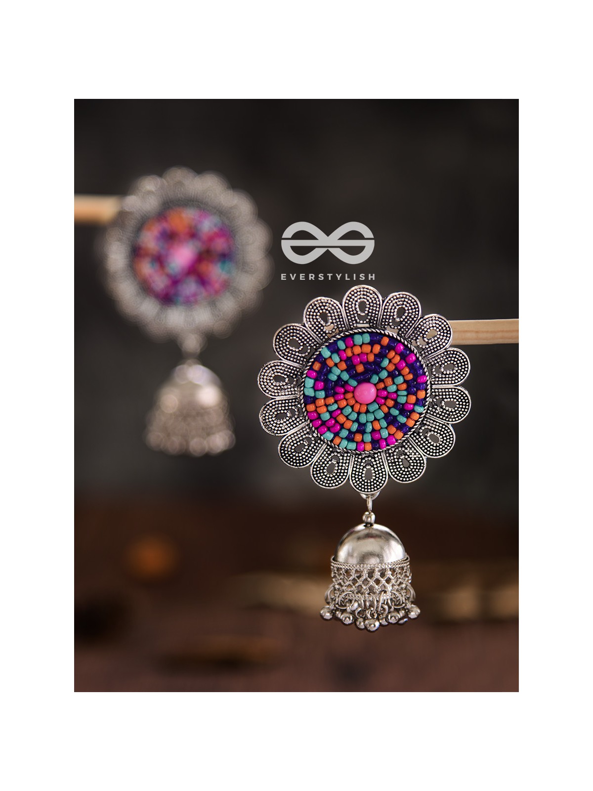 The Beaded Bohemian Flower Jhumkas (Multicoloured) - Embroidered Oxidised Collection