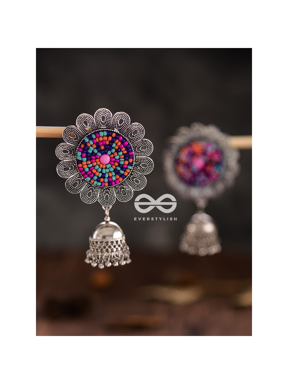 The Beaded Bohemian Flower Jhumkas (Multicoloured) - Embroidered Oxidised Collection