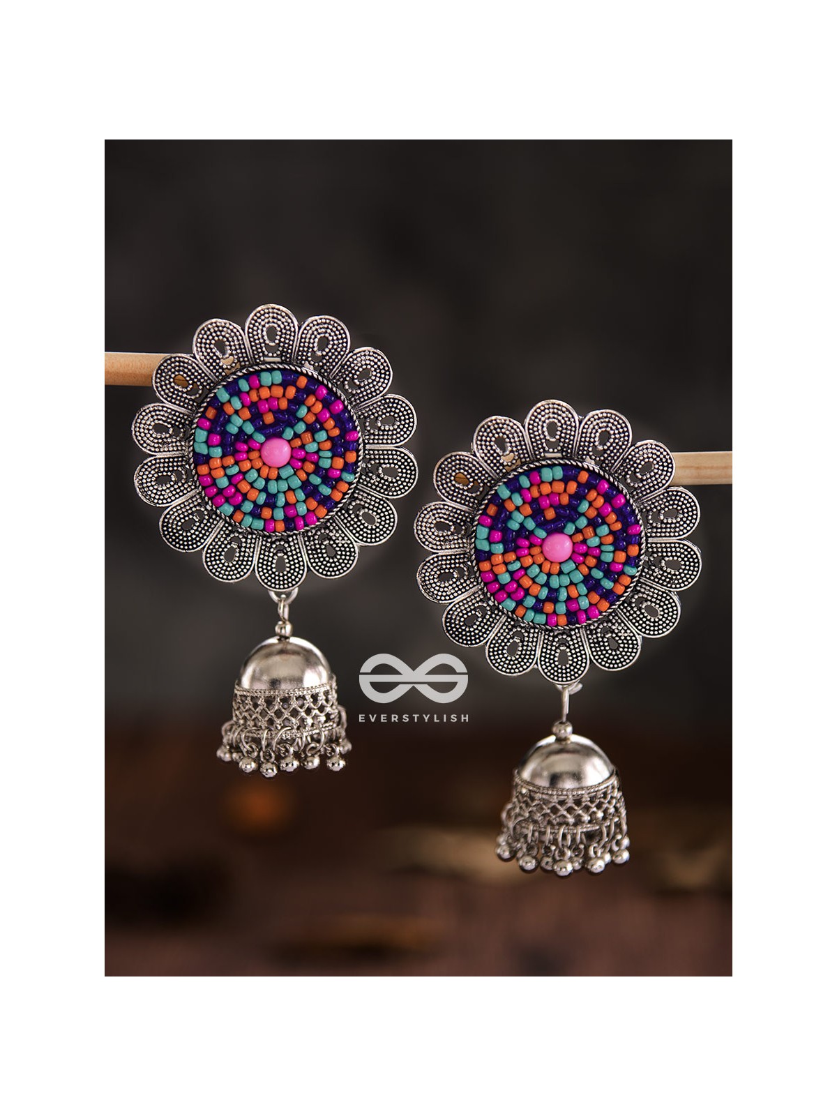 The Beaded Bohemian Flower Jhumkas (Multicoloured) - Embroidered Oxidised Collection