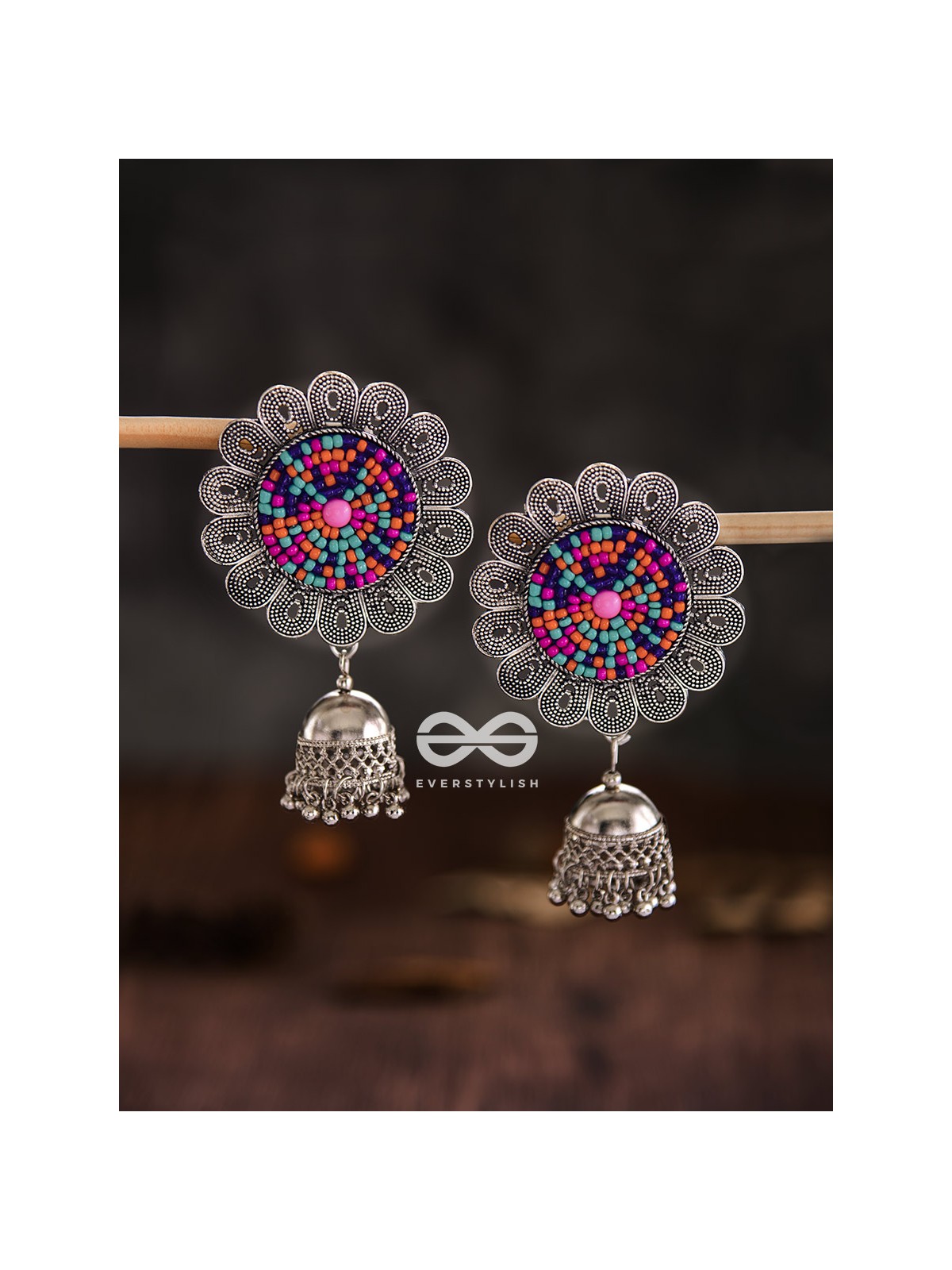 The Beaded Bohemian Flower Jhumkas (Multicoloured) - Embroidered Oxidised Collection