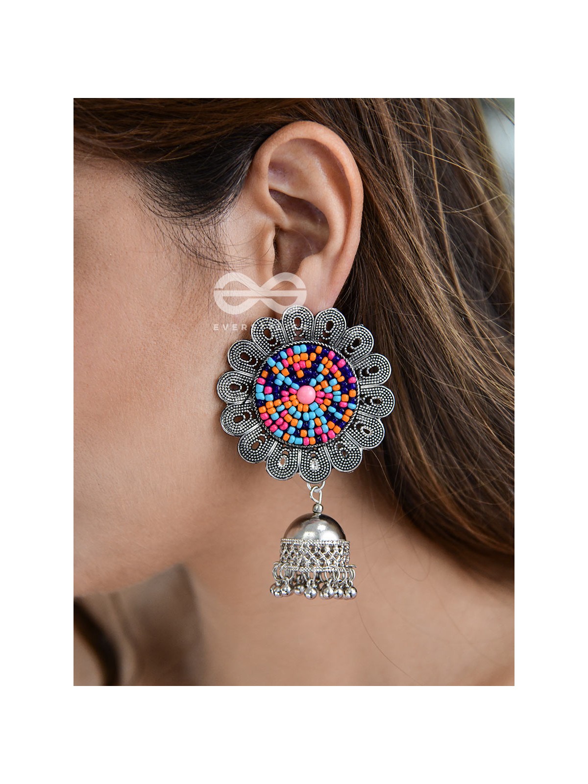 The Beaded Bohemian Flower Jhumkas (Multicoloured) - Embroidered Oxidised Collection