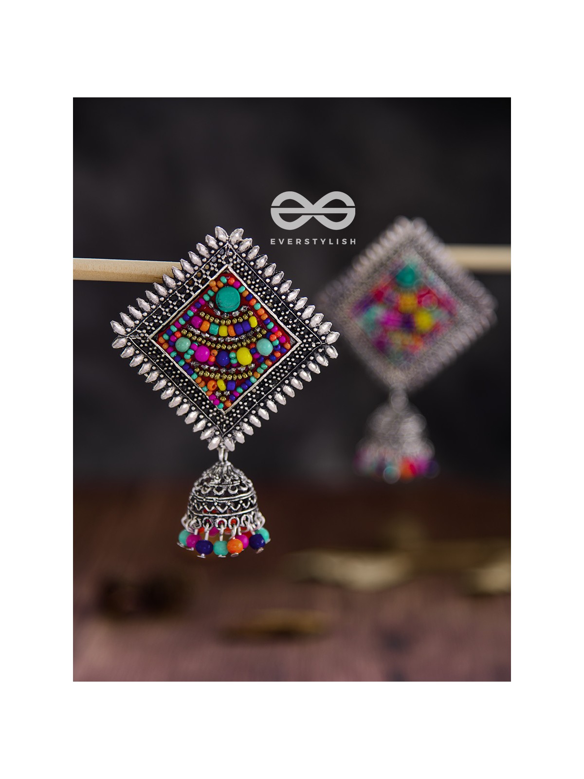 The Beaded Bohemian Square Jhumkas(Multicoloured) - Embroidered Oxidised Collection