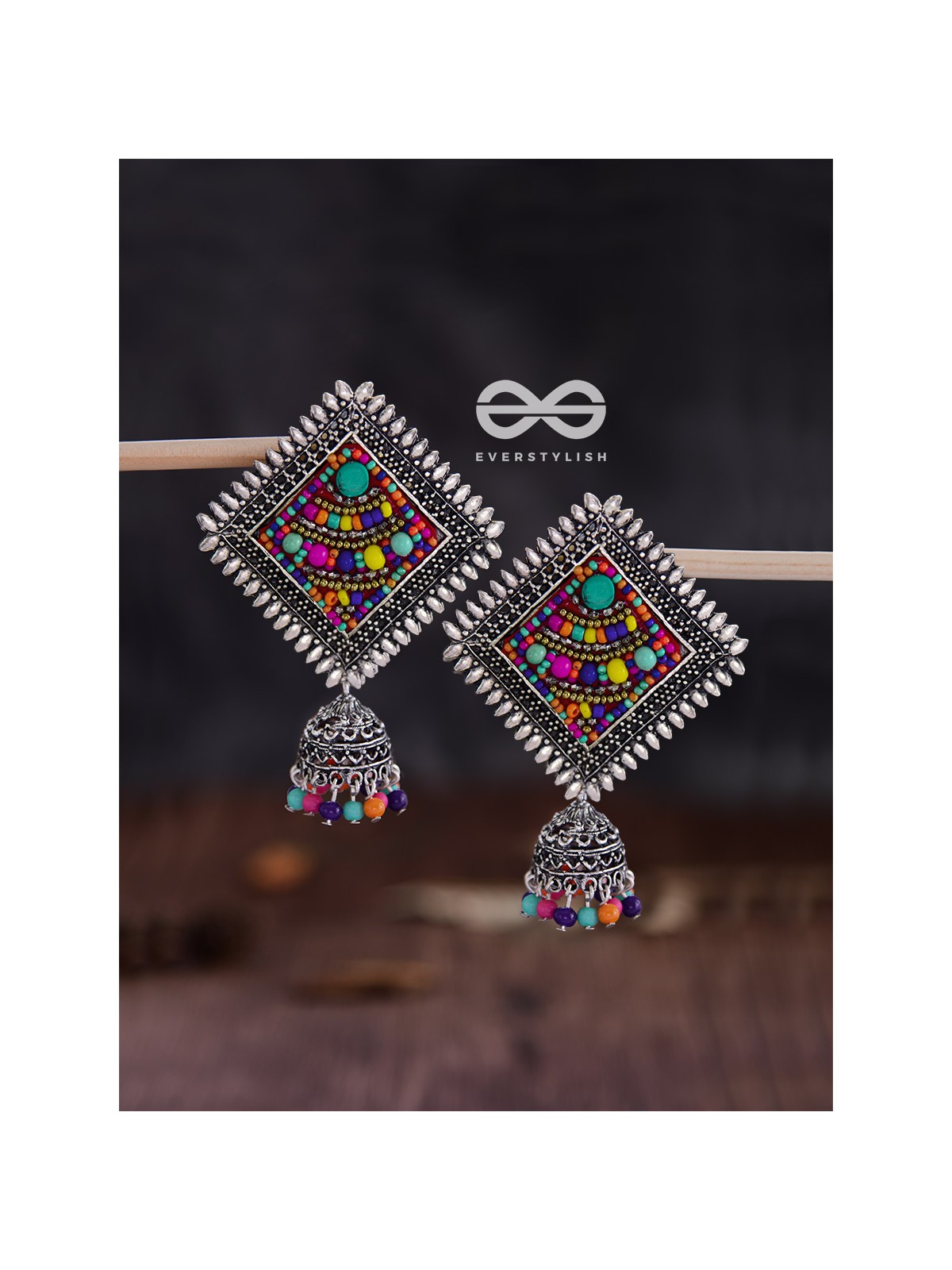 The Beaded Bohemian Square Jhumkas(Multicoloured) - Embroidered Oxidised Collection
