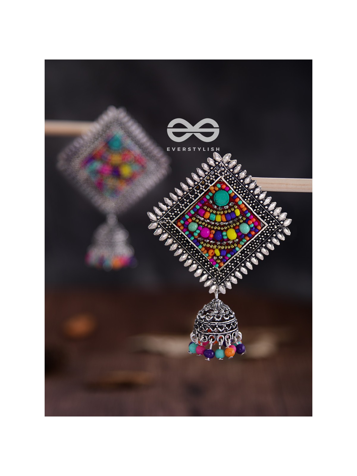 The Beaded Bohemian Square Jhumkas(Multicoloured) - Embroidered Oxidised Collection