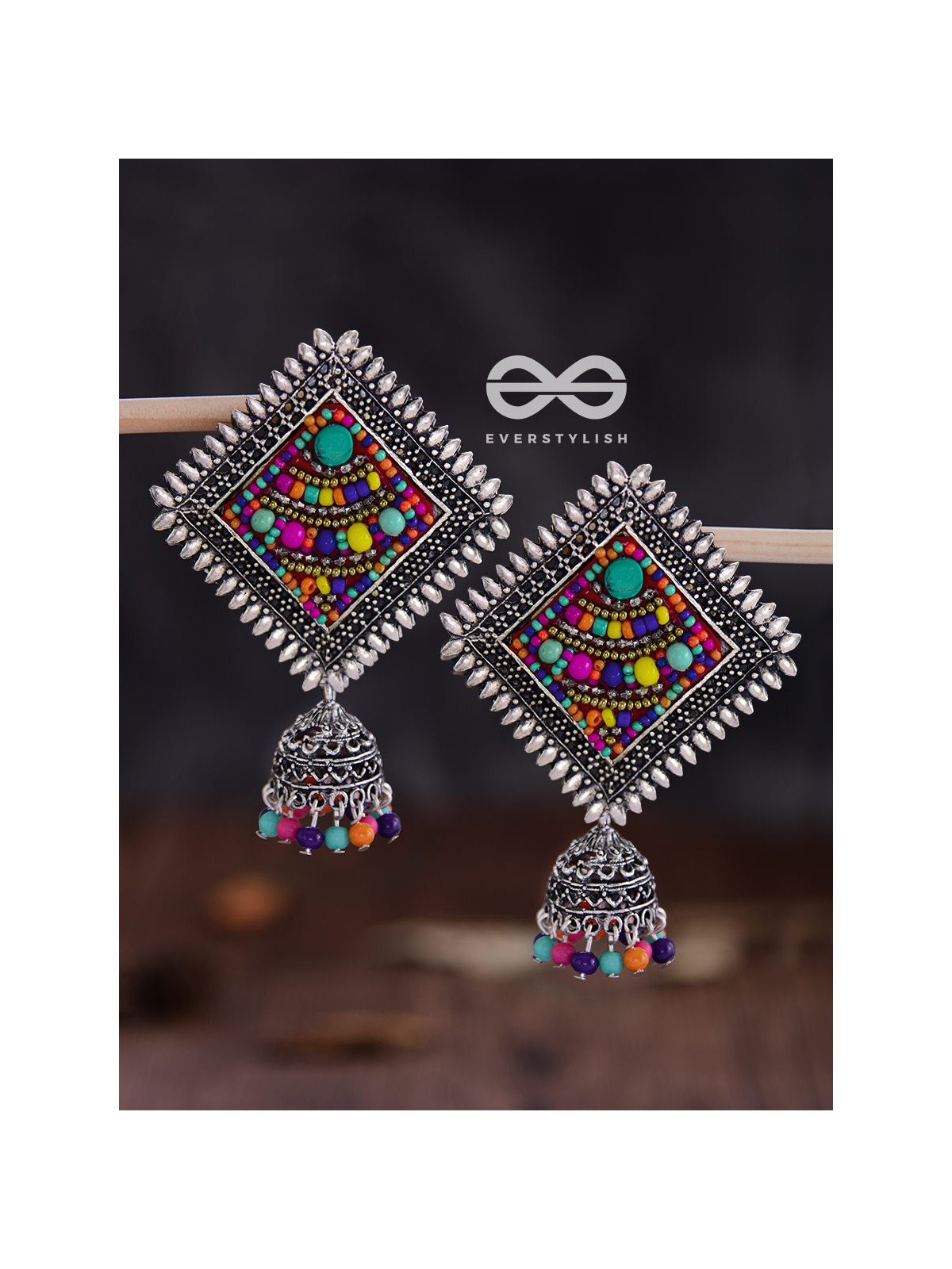 The Beaded Bohemian Square Jhumkas(Multicoloured) - Embroidered Oxidised Collection