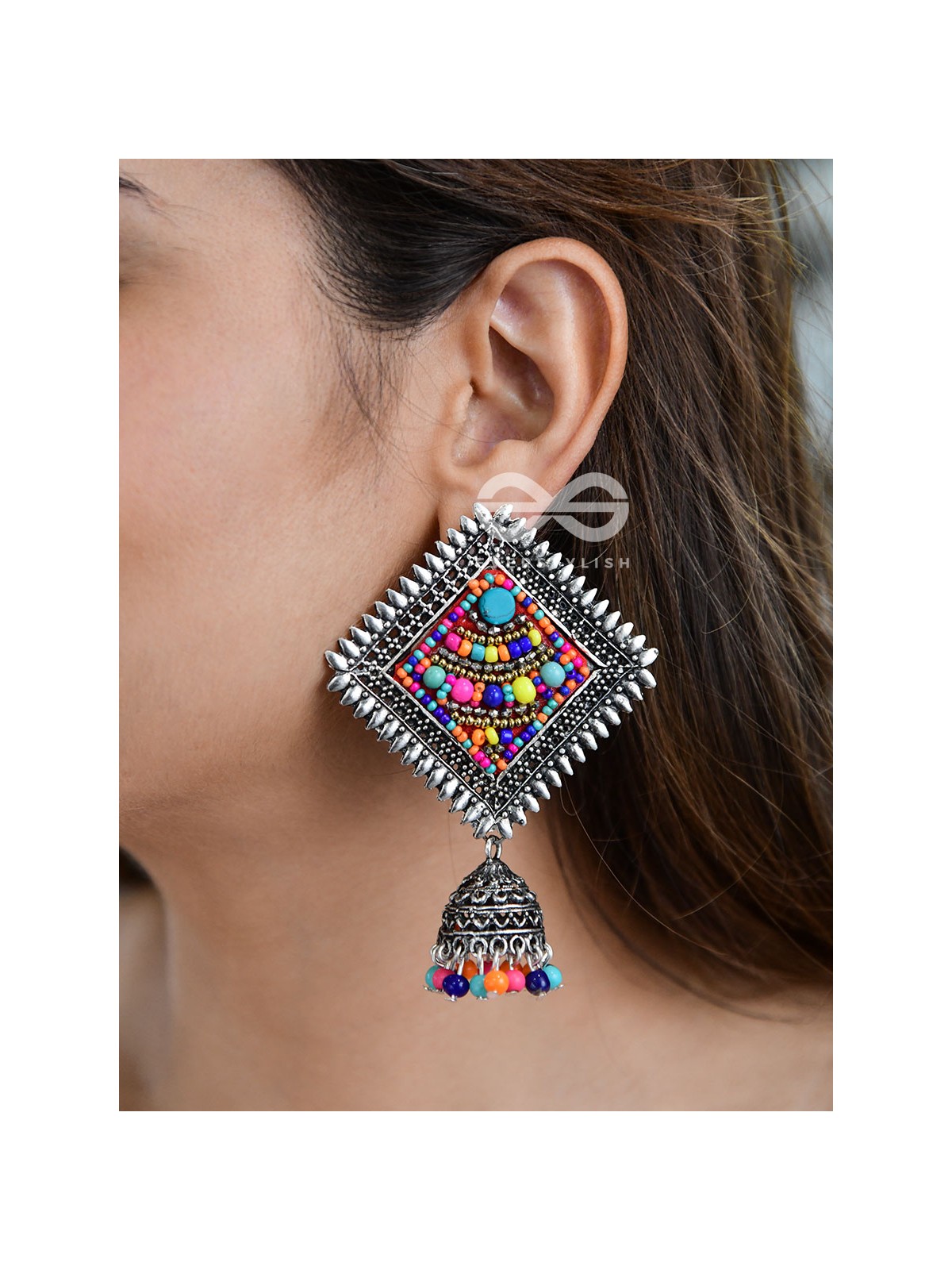 The Beaded Bohemian Square Jhumkas(Multicoloured) - Embroidered Oxidised Collection