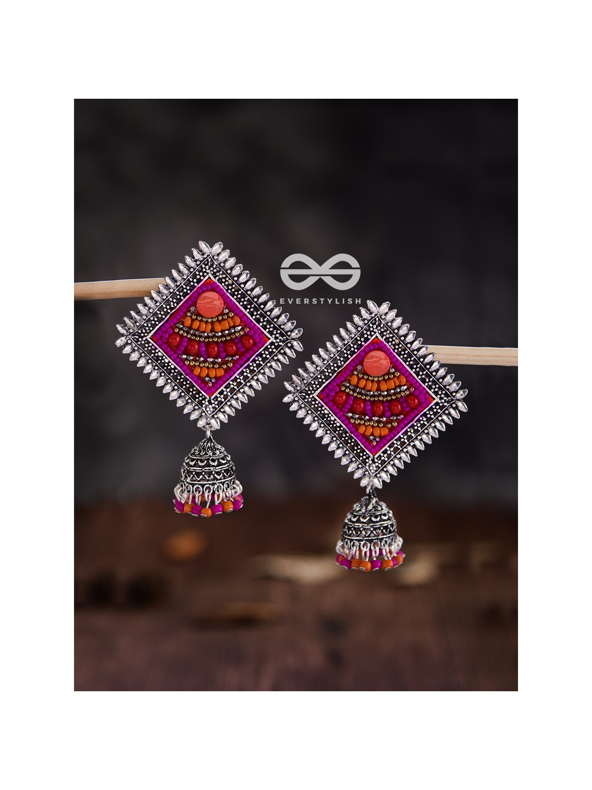 The Beaded Bohemian Square Jhumkas(Orange-Pink) - Embroidered Oxidised Collection