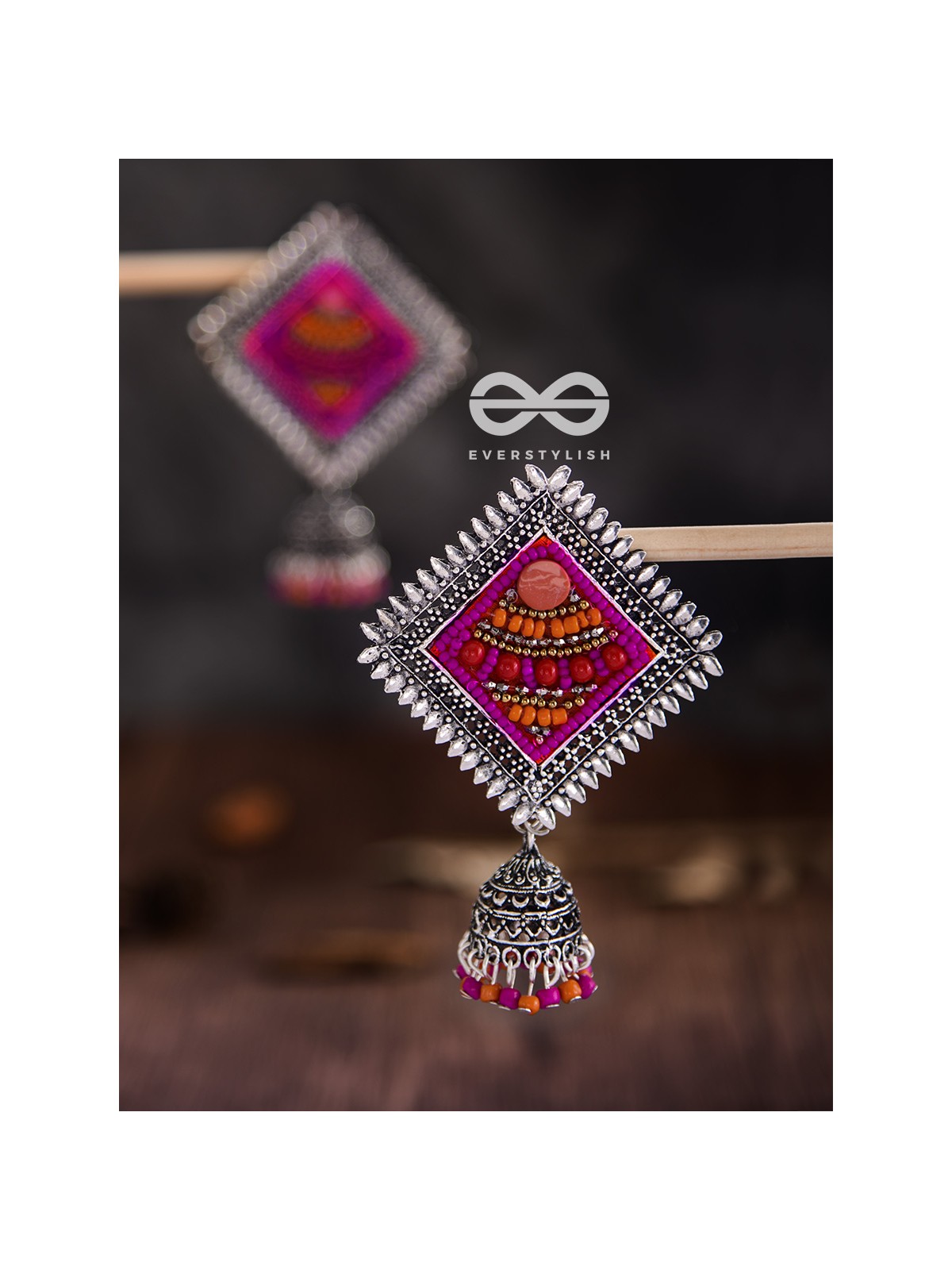 The Beaded Bohemian Square Jhumkas(Orange-Pink) - Embroidered Oxidised Collection