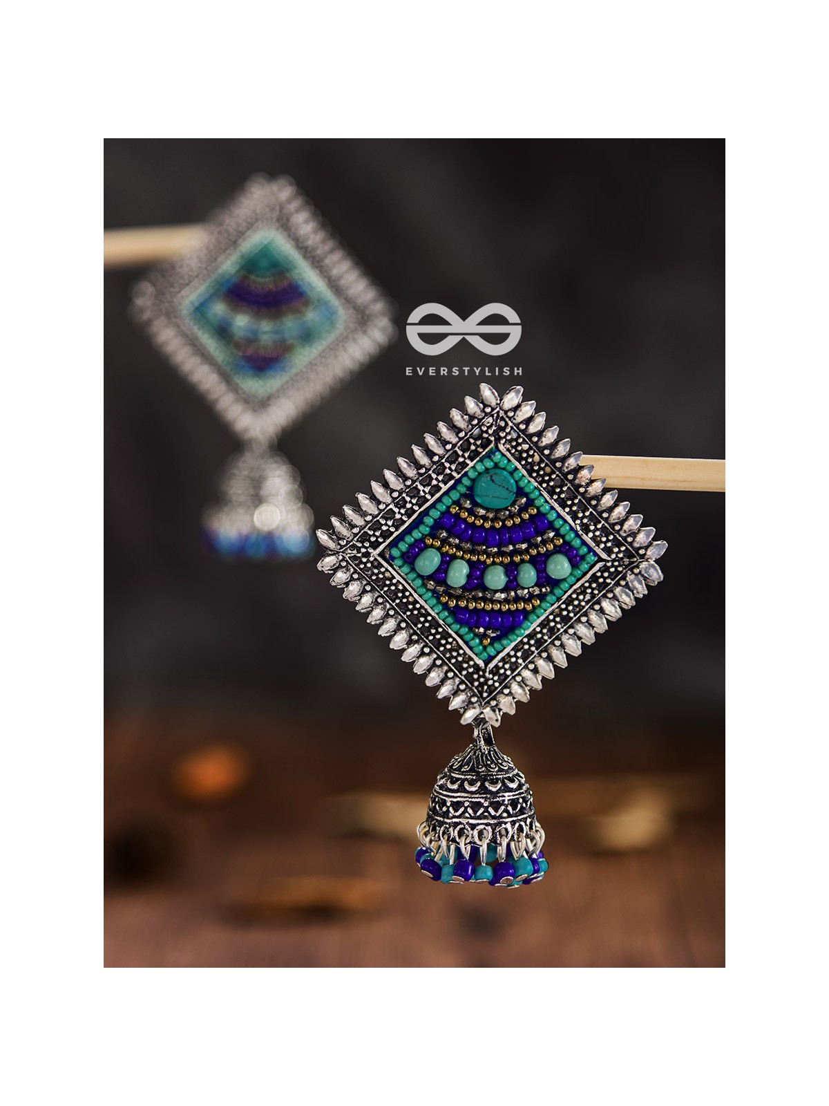 The Beaded Bohemian Square Jhumkas(Blue Hues) - Embroidered Oxidised Collection