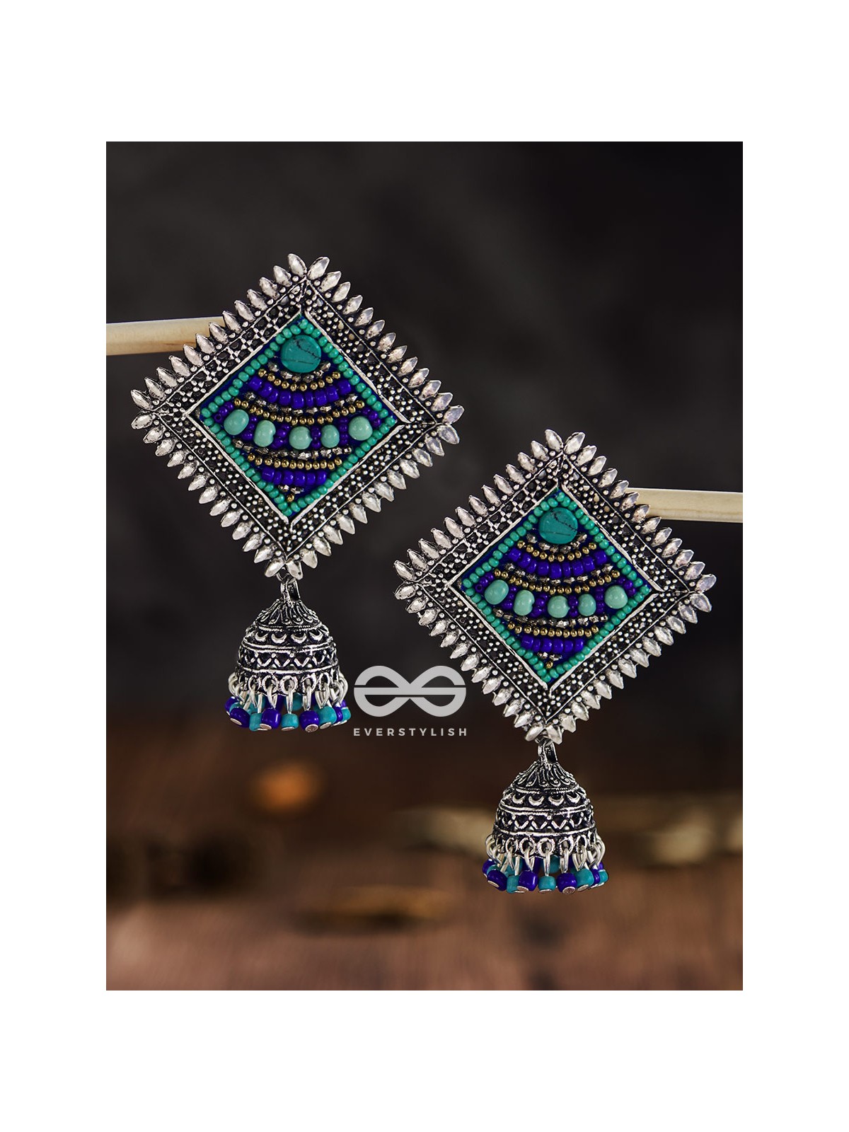 The Beaded Bohemian Square Jhumkas(Blue Hues) - Embroidered Oxidised Collection