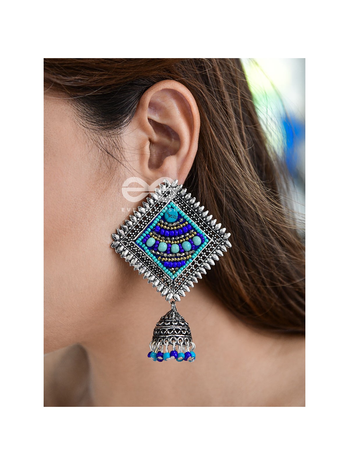 The Beaded Bohemian Square Jhumkas(Blue Hues) - Embroidered Oxidised Collection