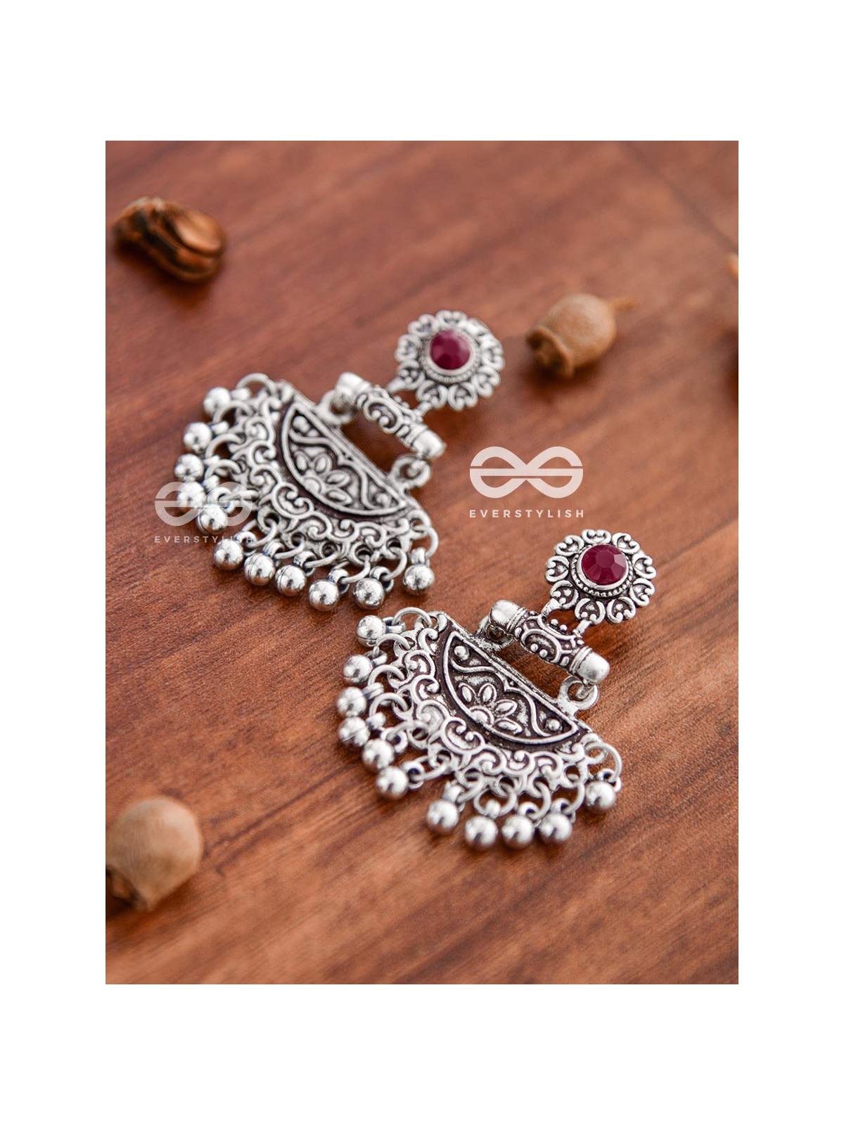 The Little Intricate Danglers (Ruby Red) - Embellished Oxidised Collection