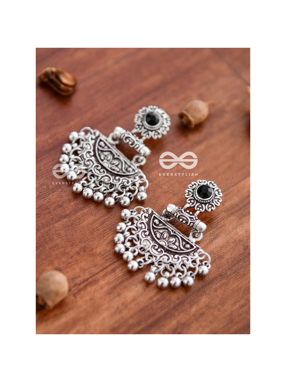 The Little Intricate Danglers (Onyx Black) - Embellished Oxidised Collection