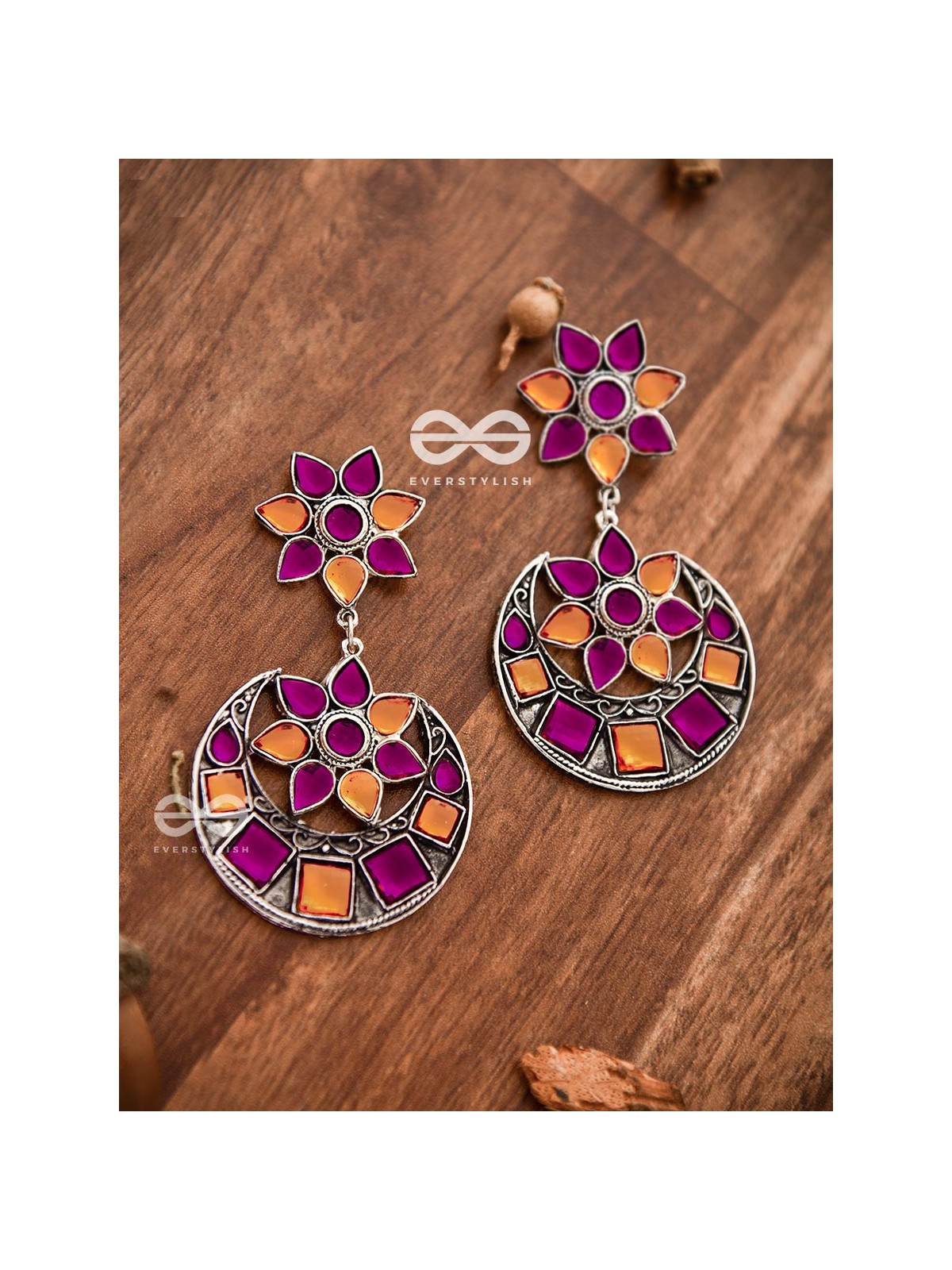 The Queen's Desire - Embellished Oxidised Danglers (Orange-Pink)