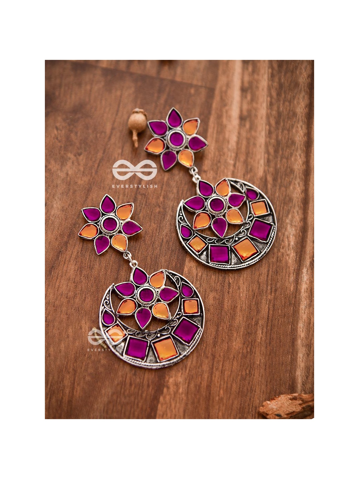 The Queen's Desire - Embellished Oxidised Danglers (Orange-Pink)