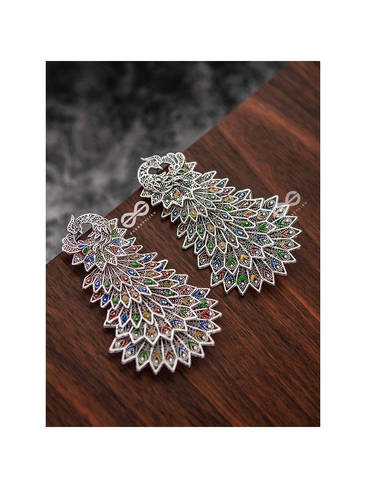 The MultiLayered Enamelled Peacock Danglers - Embellished Oxidised Collection