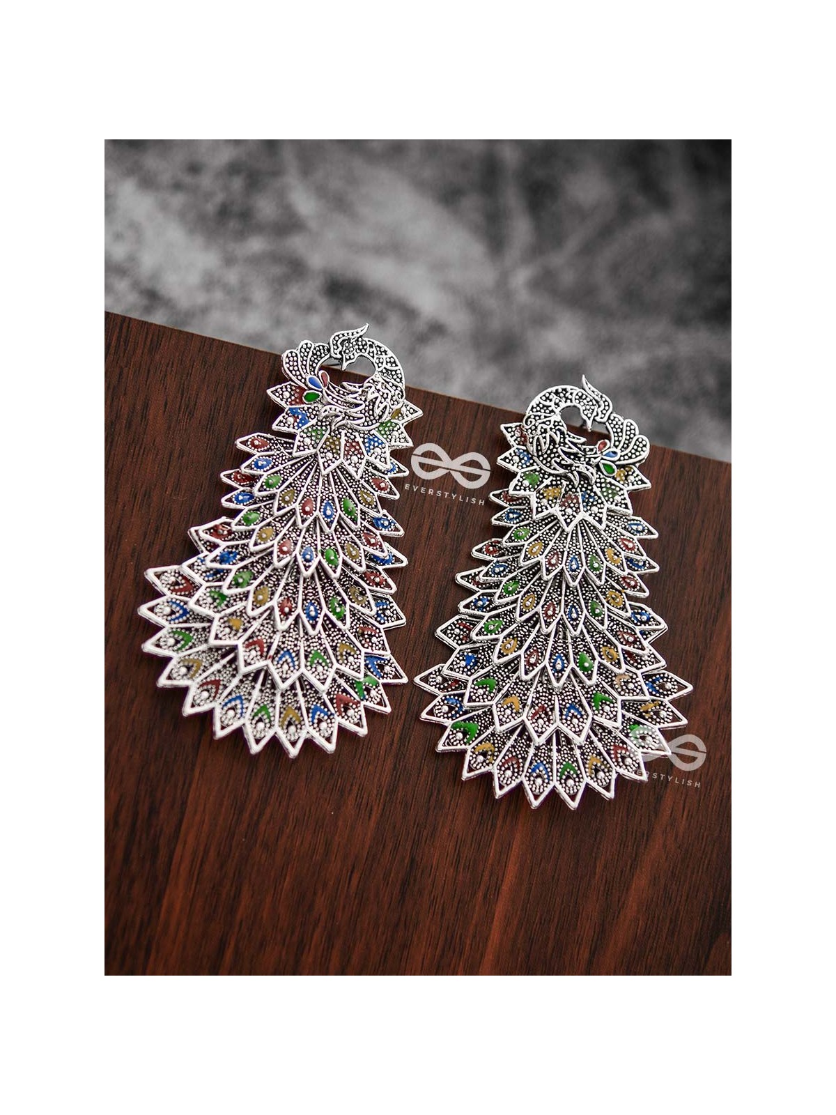 The MultiLayered Enamelled Peacock Danglers - Embellished Oxidised Collection