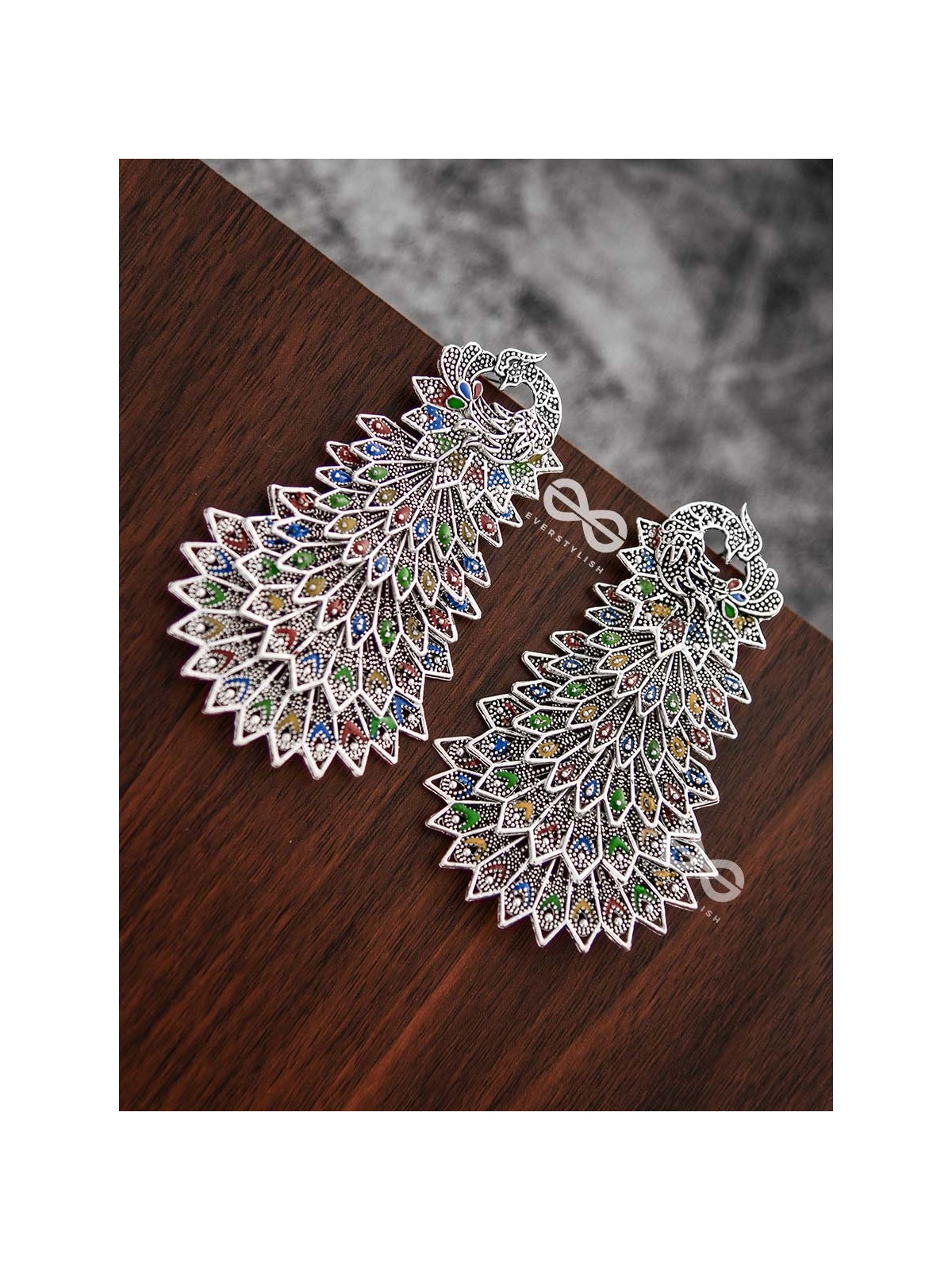 The MultiLayered Enamelled Peacock Danglers - Embellished Oxidised Collection