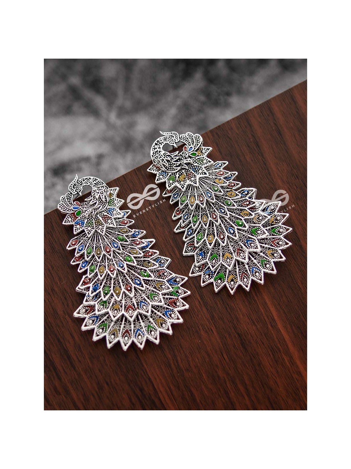 The MultiLayered Enamelled Peacock Danglers - Embellished Oxidised Collection