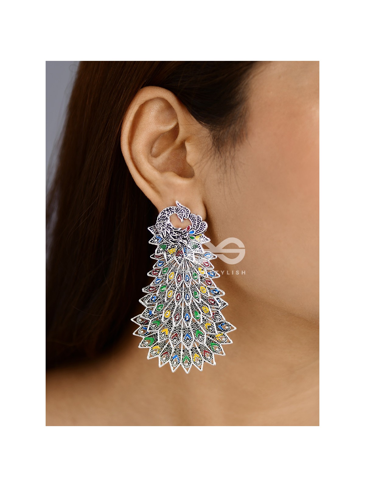 The MultiLayered Enamelled Peacock Danglers - Embellished Oxidised Collection