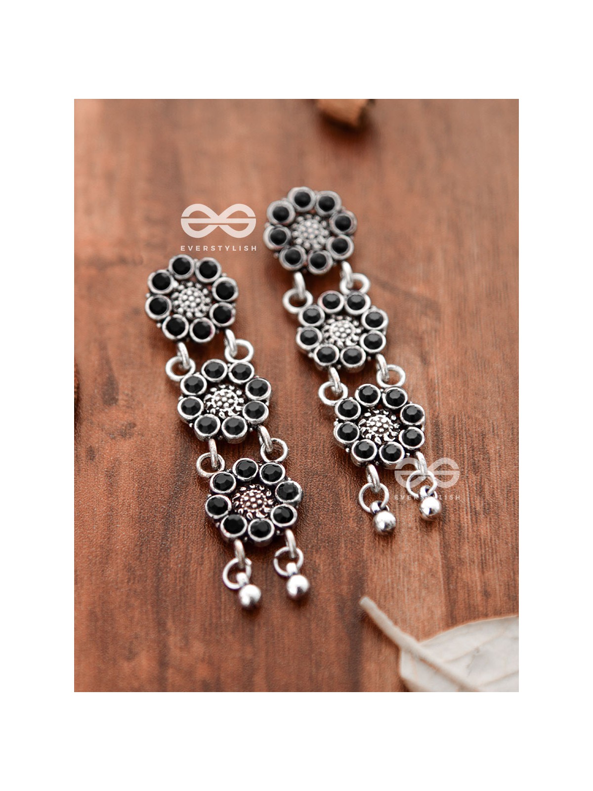 The Triple Layered Intricate Danglers (Onyx Black) - The Embellished Oxidised Collection