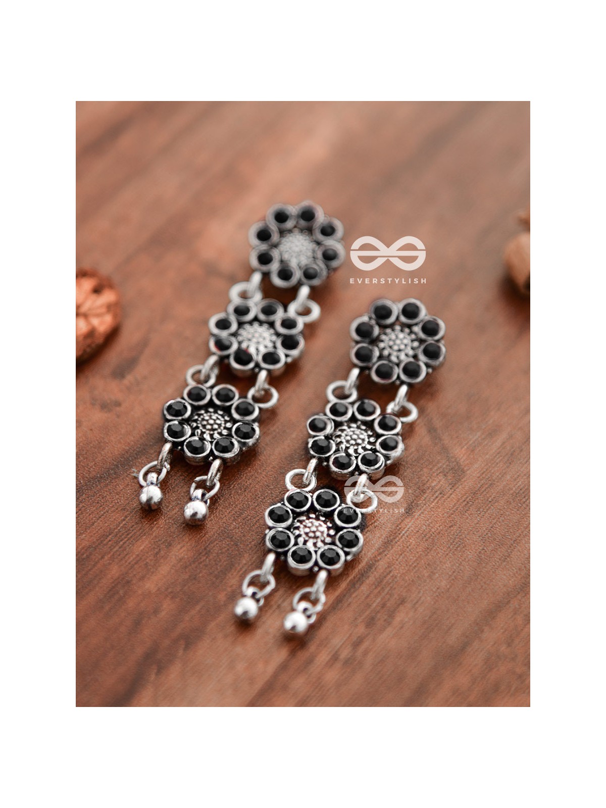 The Triple Layered Intricate Danglers (Onyx Black) - The Embellished Oxidised Collection