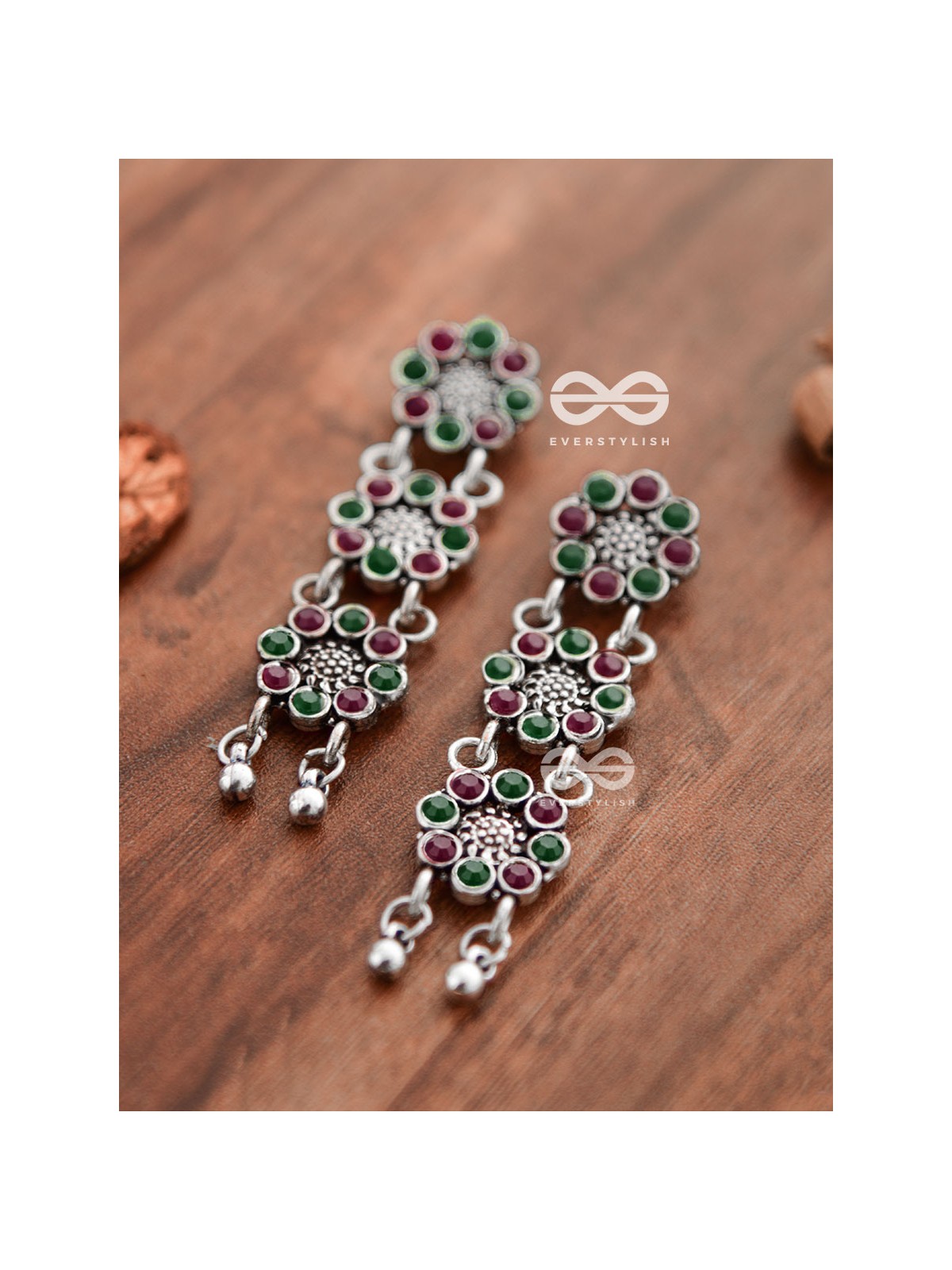 The Triple Layered Intricate Danglers (Ruby Emerald) - The Embellished Oxidised Collection
