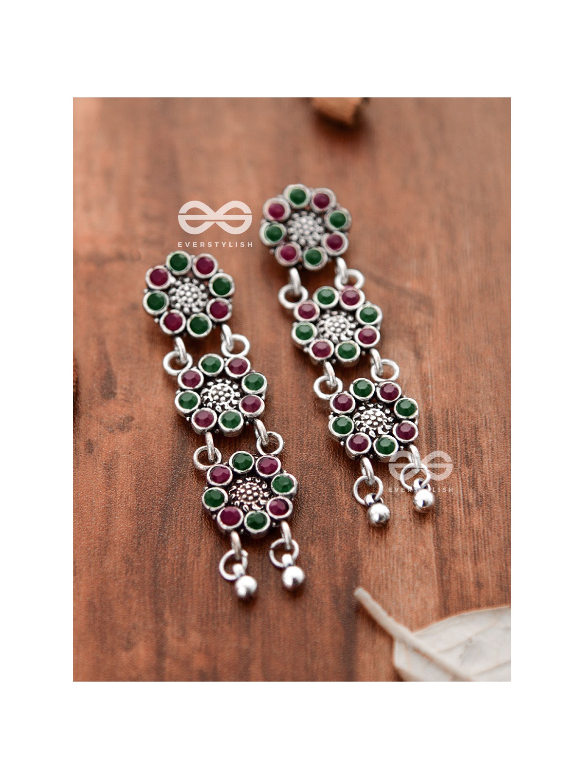 The Triple Layered Intricate Danglers (Ruby Emerald) - The Embellished Oxidised Collection