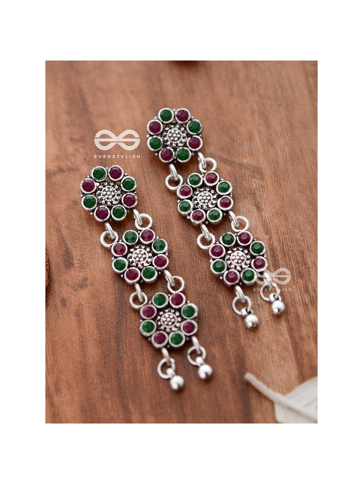 The Triple Layered Intricate Danglers (Ruby Emerald) - The Embellished Oxidised Collection
