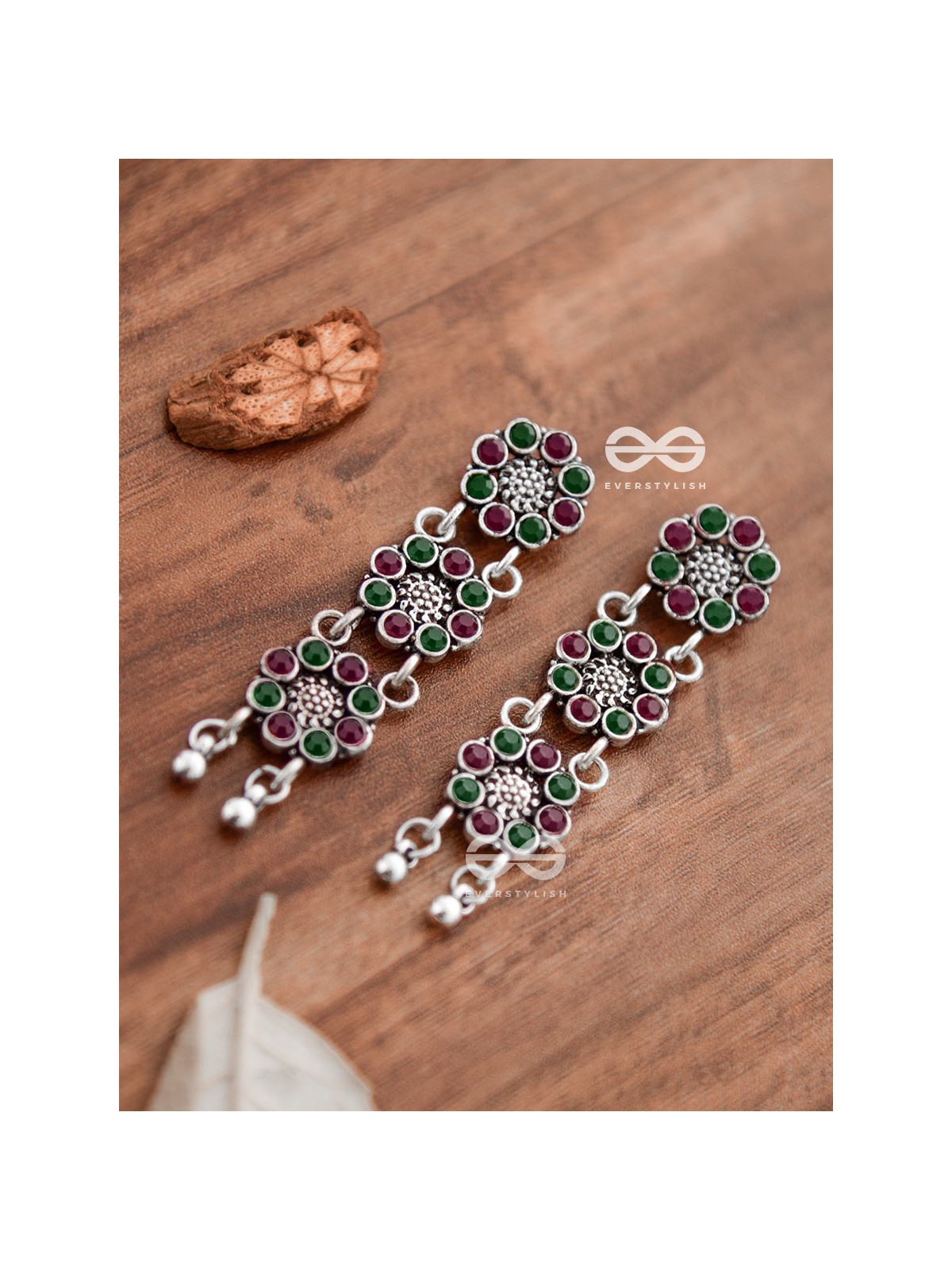 The Triple Layered Intricate Danglers (Ruby Emerald) - The Embellished Oxidised Collection