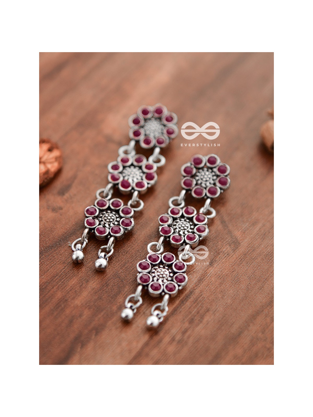 The Triple Layered Intricate Danglers (Ruby Red) - The Embellished Oxidised Collection
