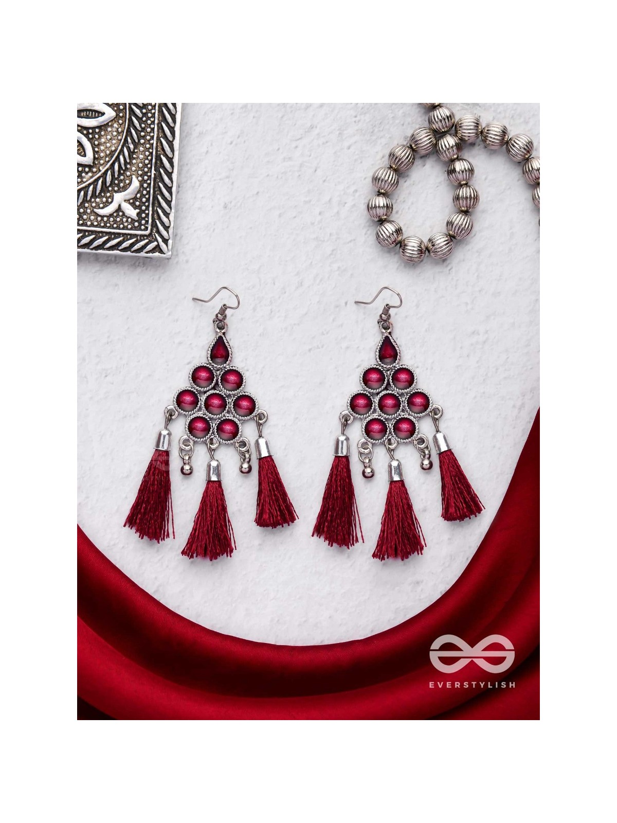 The Enamelled Tassels (Burgundy) - Embellished Oxidised Earrings