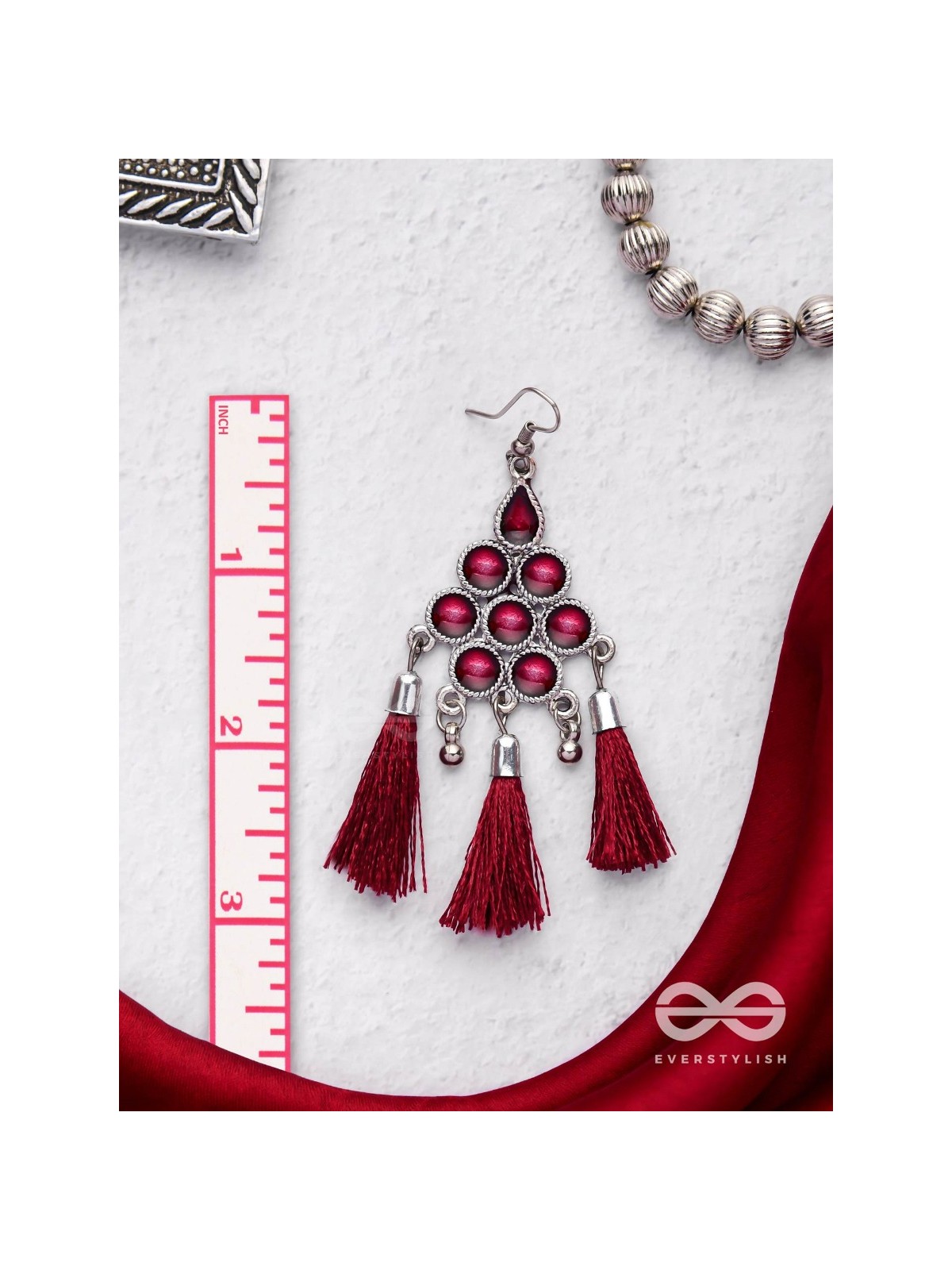 The Enamelled Tassels (Burgundy) - Embellished Oxidised Earrings